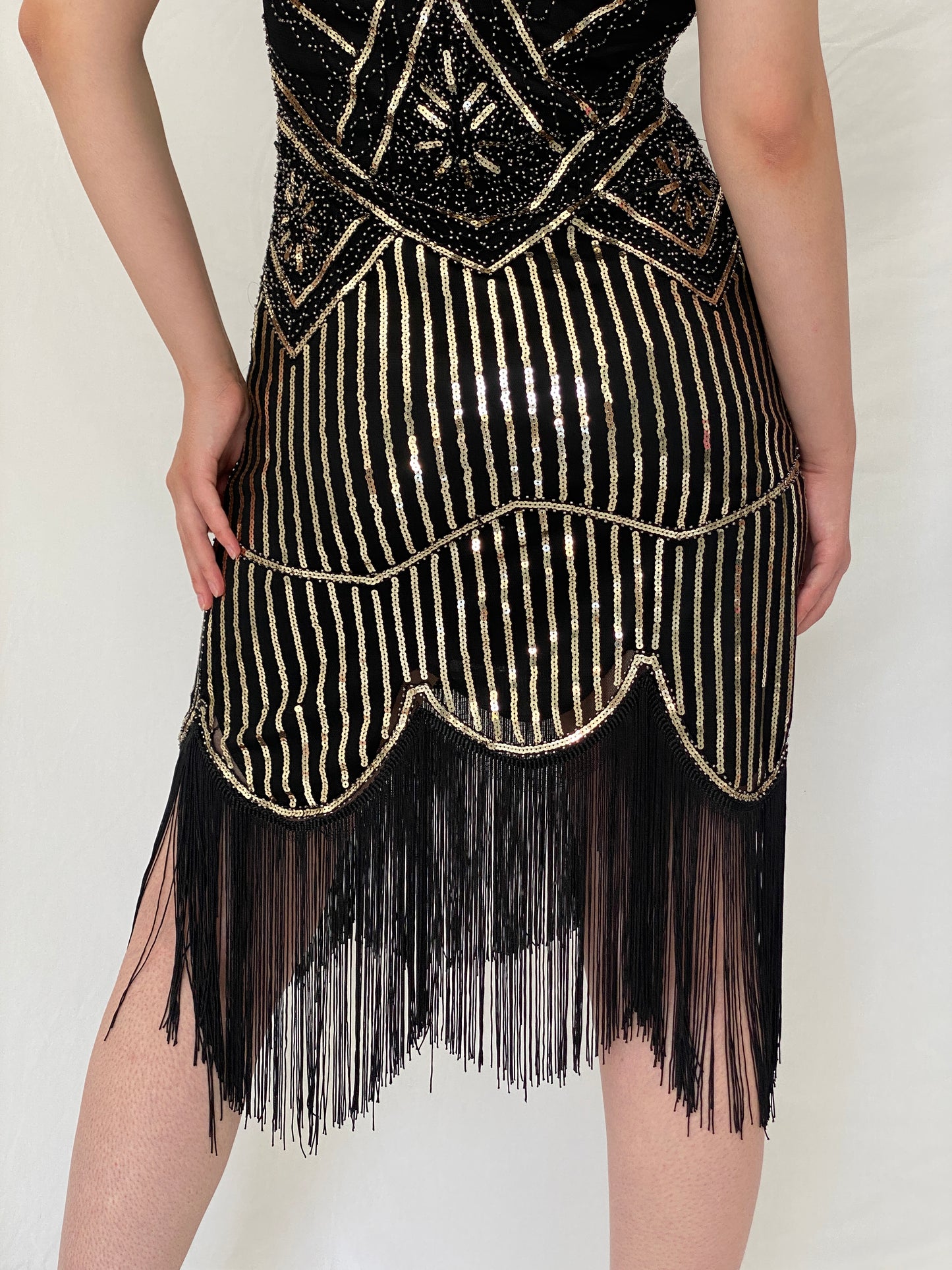 Vintage Art Deco Gatsby Black & Gold Sequin Fringe Cocktail Dress – S