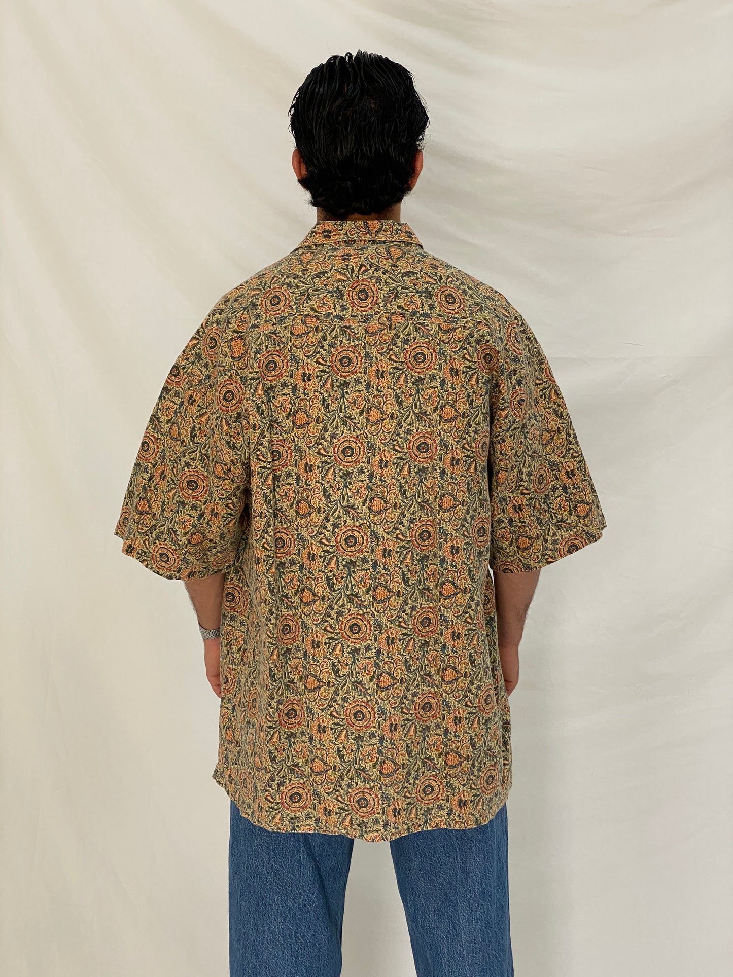 Vintage 90s Britches Floral Linen Cotton Blend Shirt Beige Botanical Button Up – XL