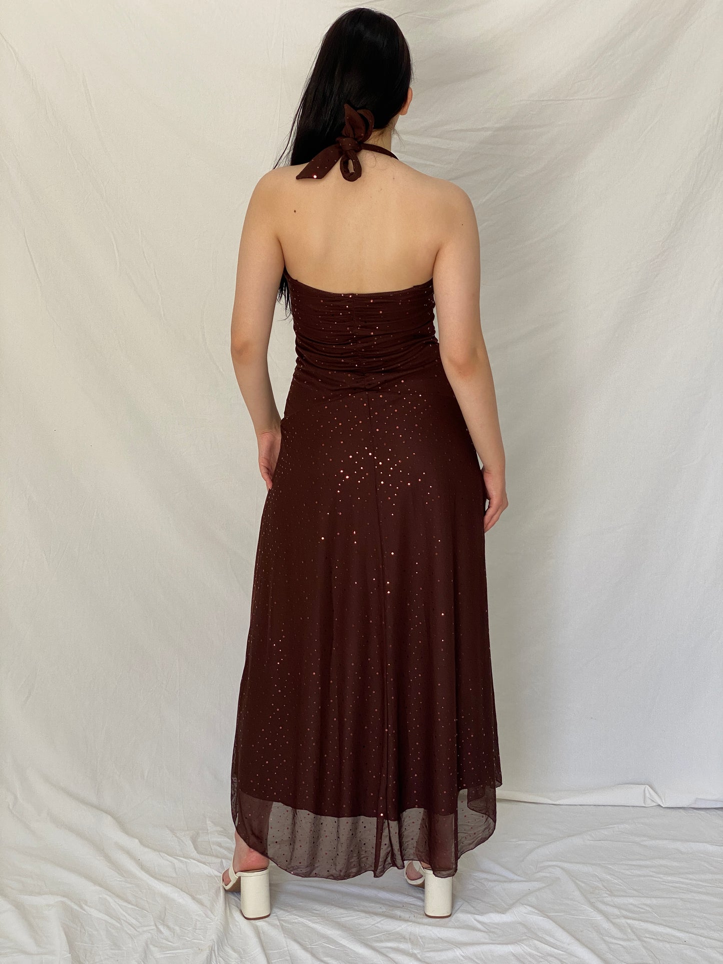 Vintage Y2K City Triangles Chocolate Brown Sequin Ruched Halter High-Low Maxi Dress - M