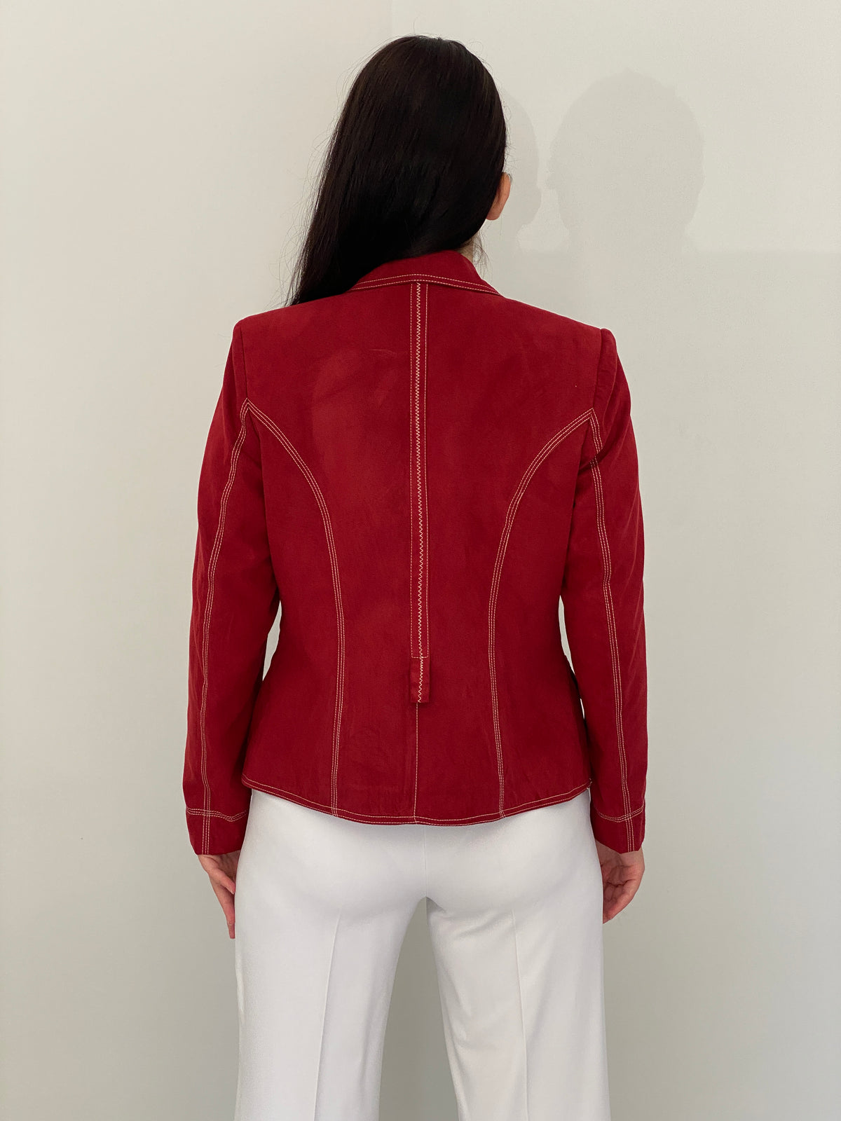 Vintage Baroness Woman Red Faux Suede Contrast Stitch Tailored Blazer – L