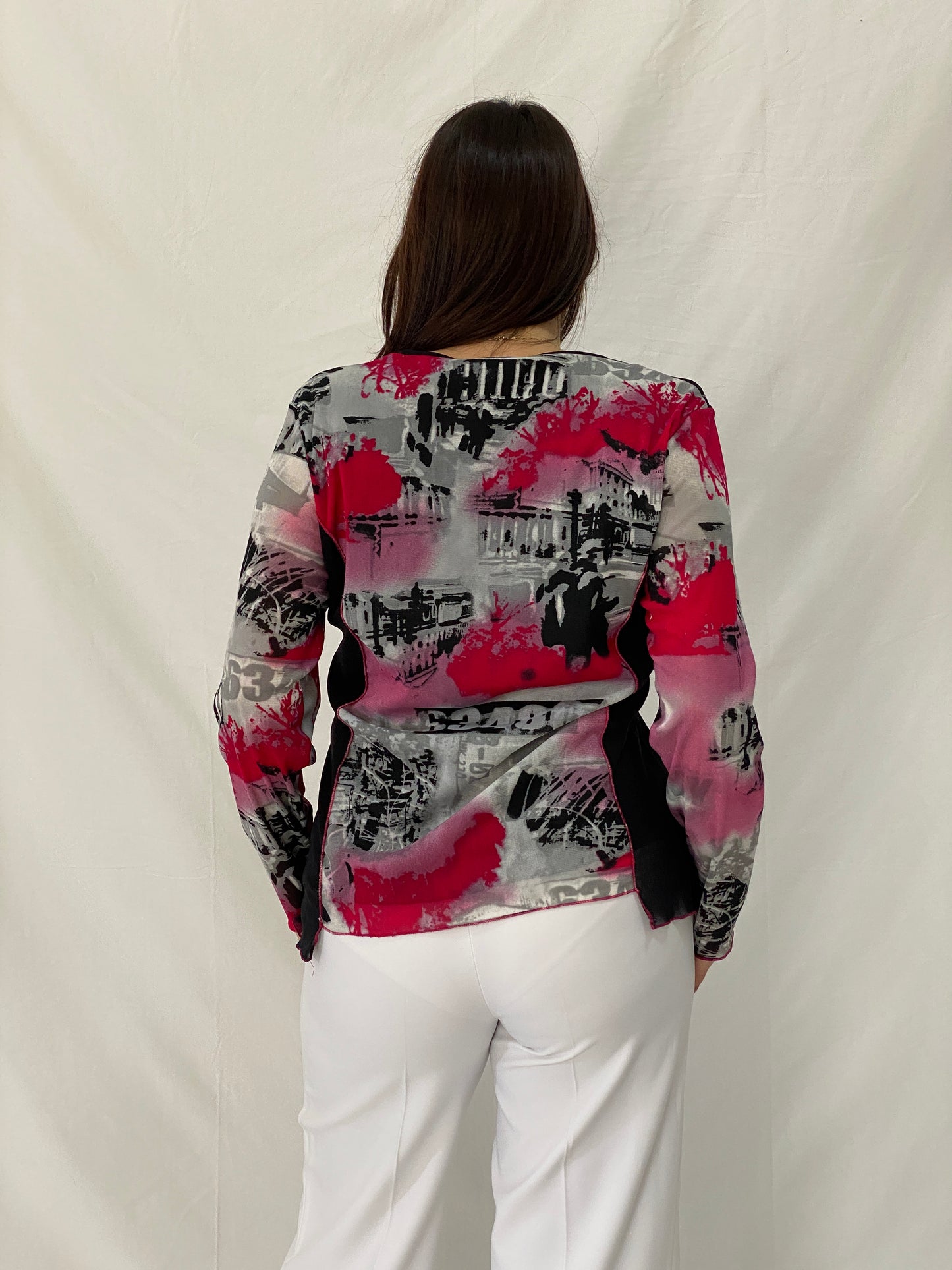 Vintage WARWICK JONES Black & Pink Striped Graphic Mesh Top - L