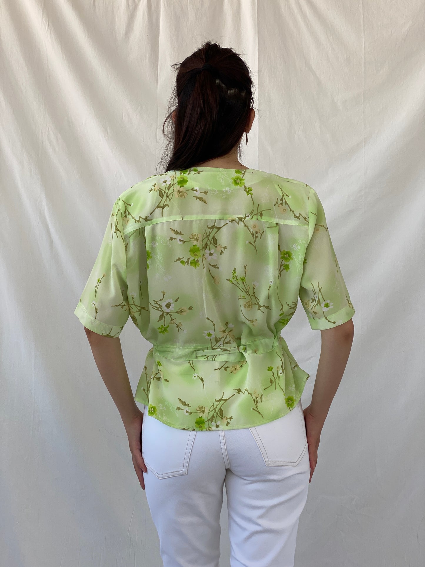 Vintage Lime Green Floral Waist Tie Button Up Short Sleeve Shirt - L