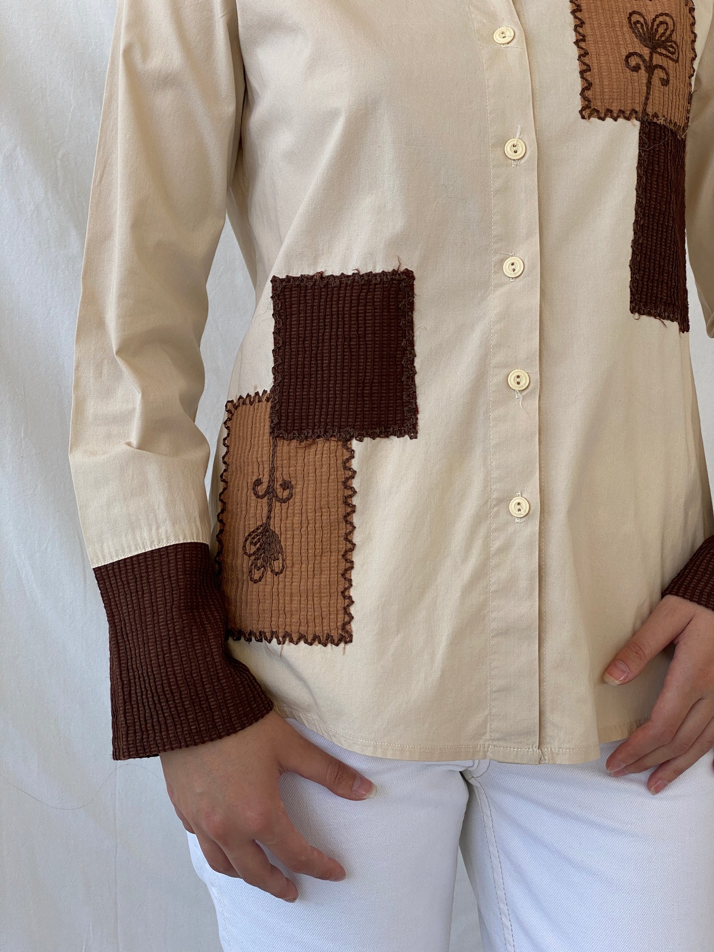 Vintage Y2K Sem Beige Patchwork Full Sleeve Button Up Shirt - L