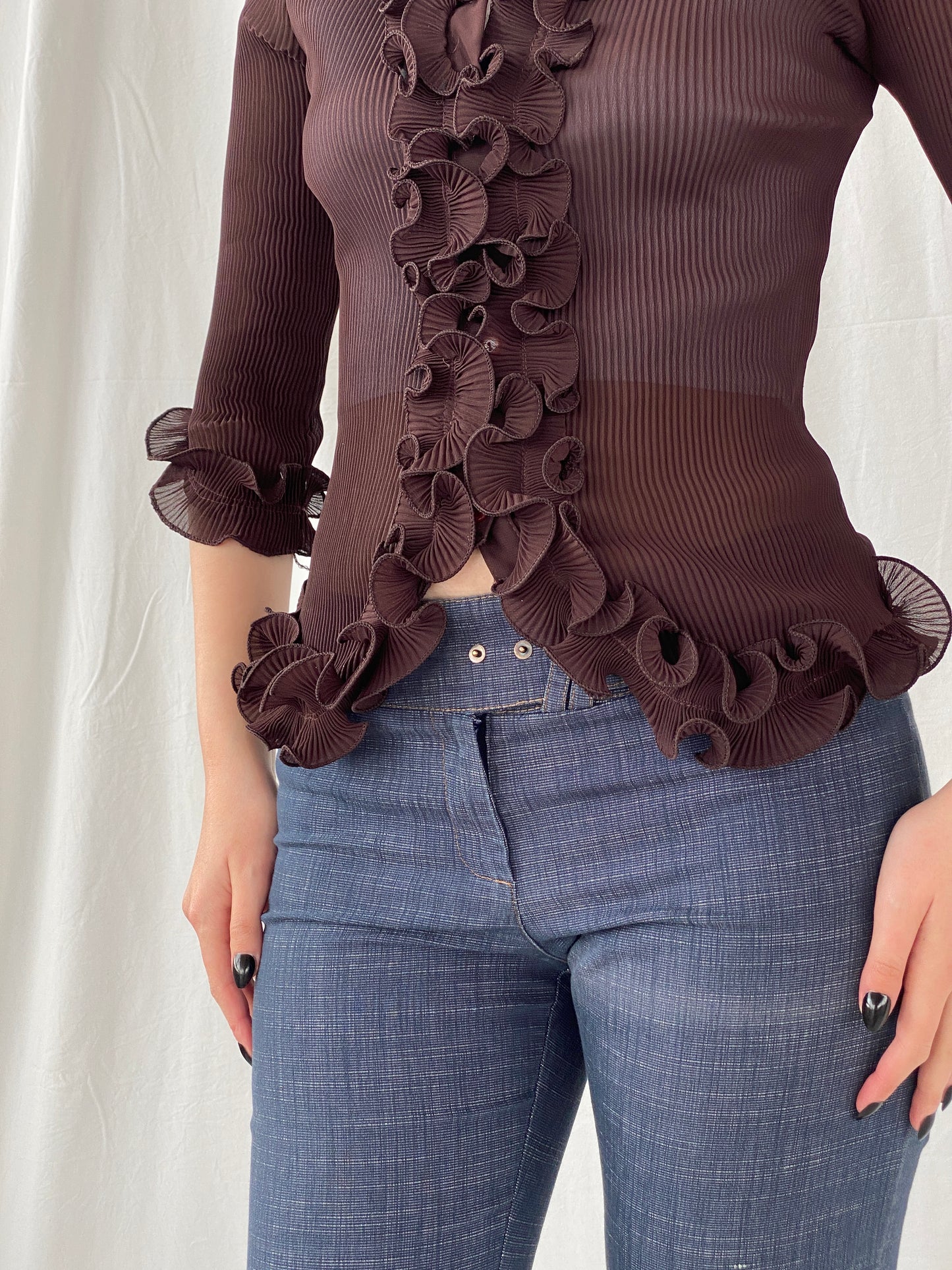 Y2K Fix Chung Ruffled Blouse Sheer Ribbed Brown Women’s Shirt - M