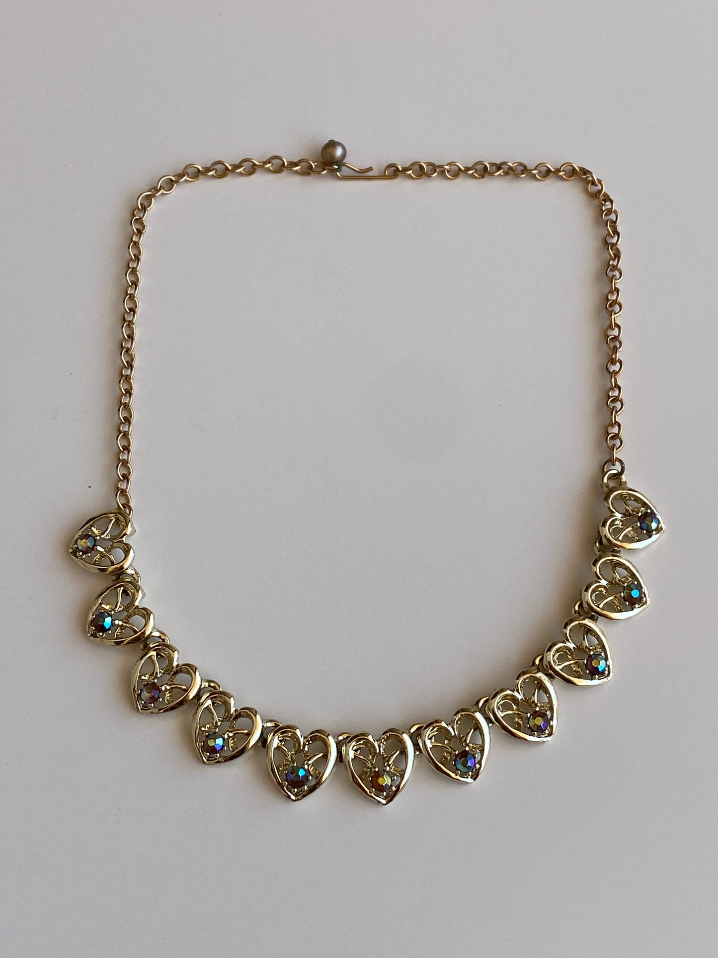 Vintage Gold-Tone Open Heart Motifs Rhinestone Chain Necklace