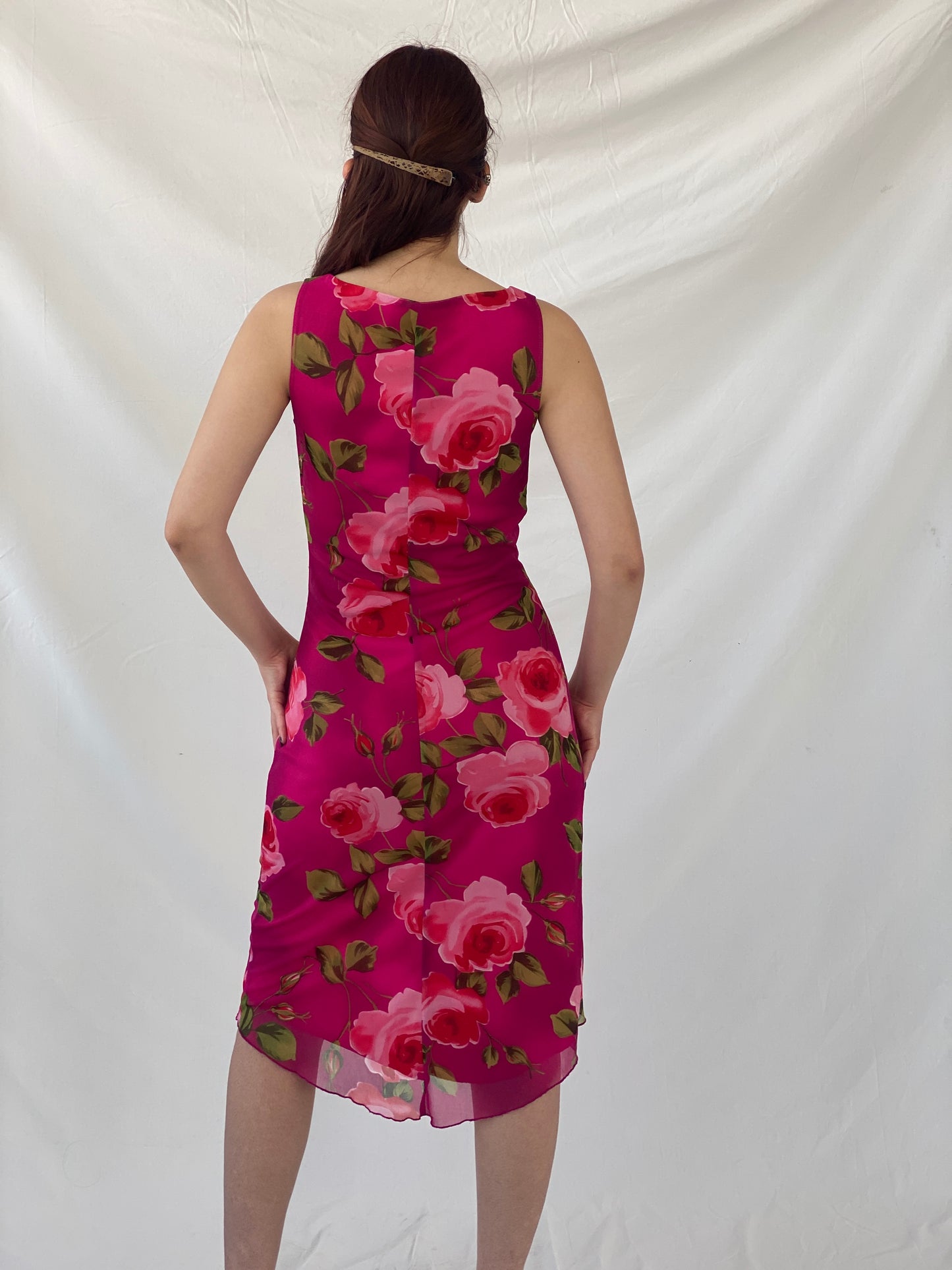 Vintage 90s Tropical Floral Midi Pink Sleeveless Dress - M
