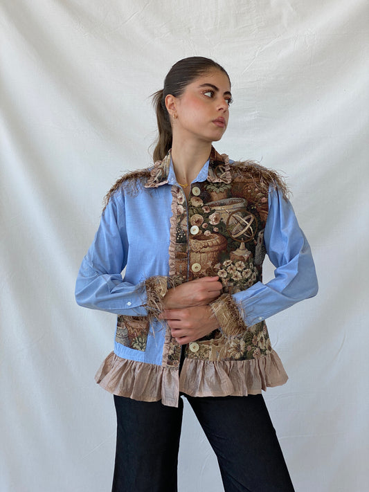 قميص نسائي من مجموعة رانجلر أزرق بنقشة نسيجية مرقعة - مقاس متوسط