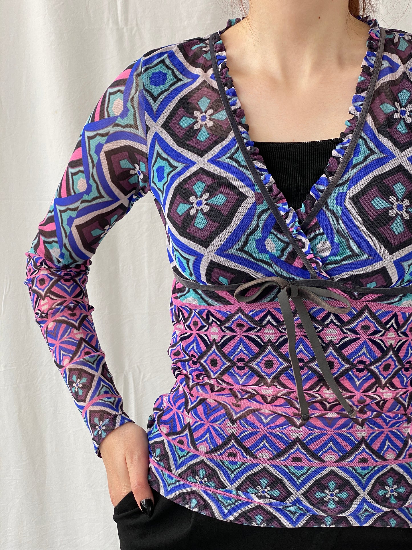Y2K Mexx Psychedelic Mesh Full Sleeve Women’s Top - S