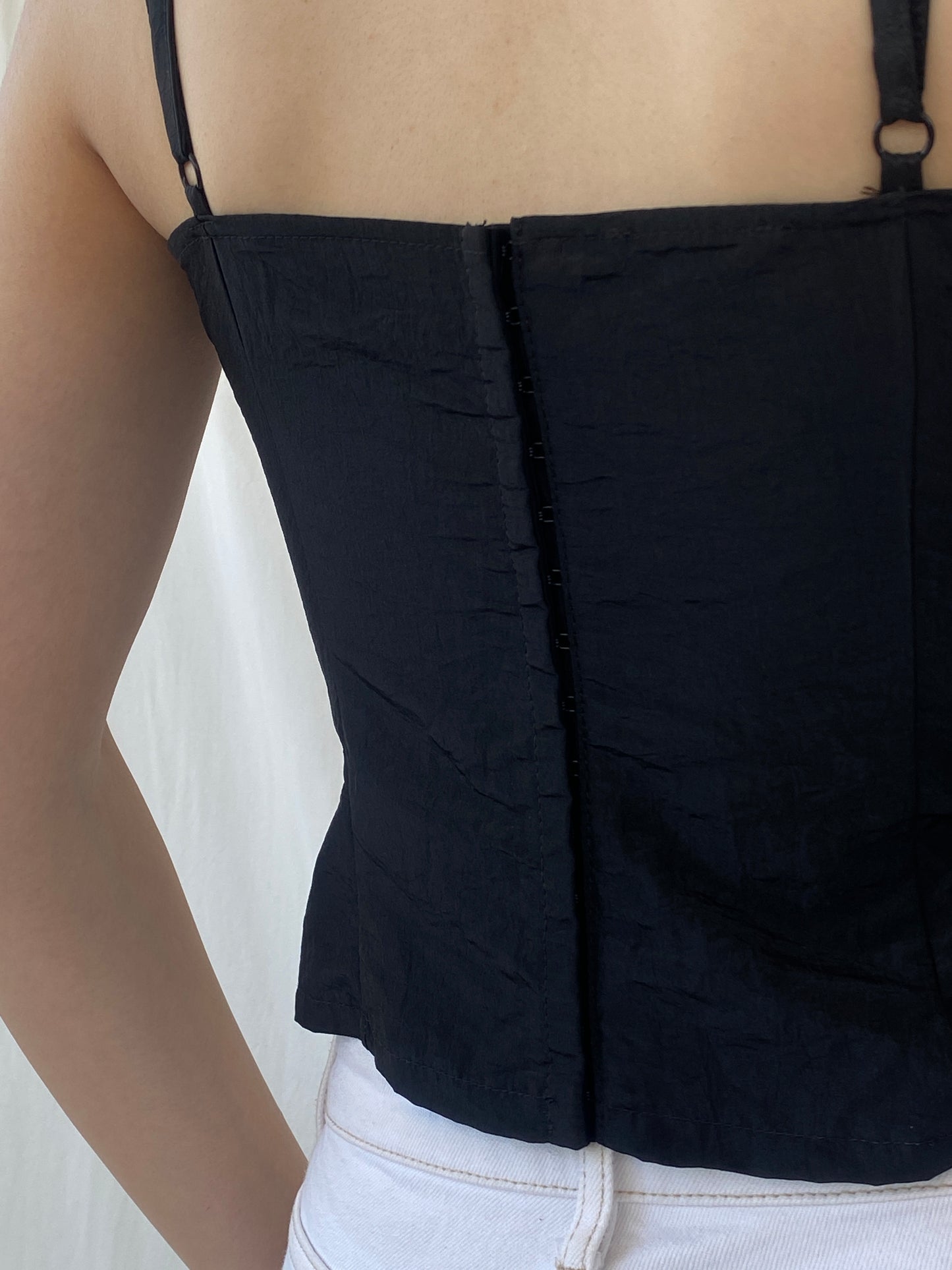 Vintage Display Black Cami Top Formal Ruched Camisole with Clasp Closure - S