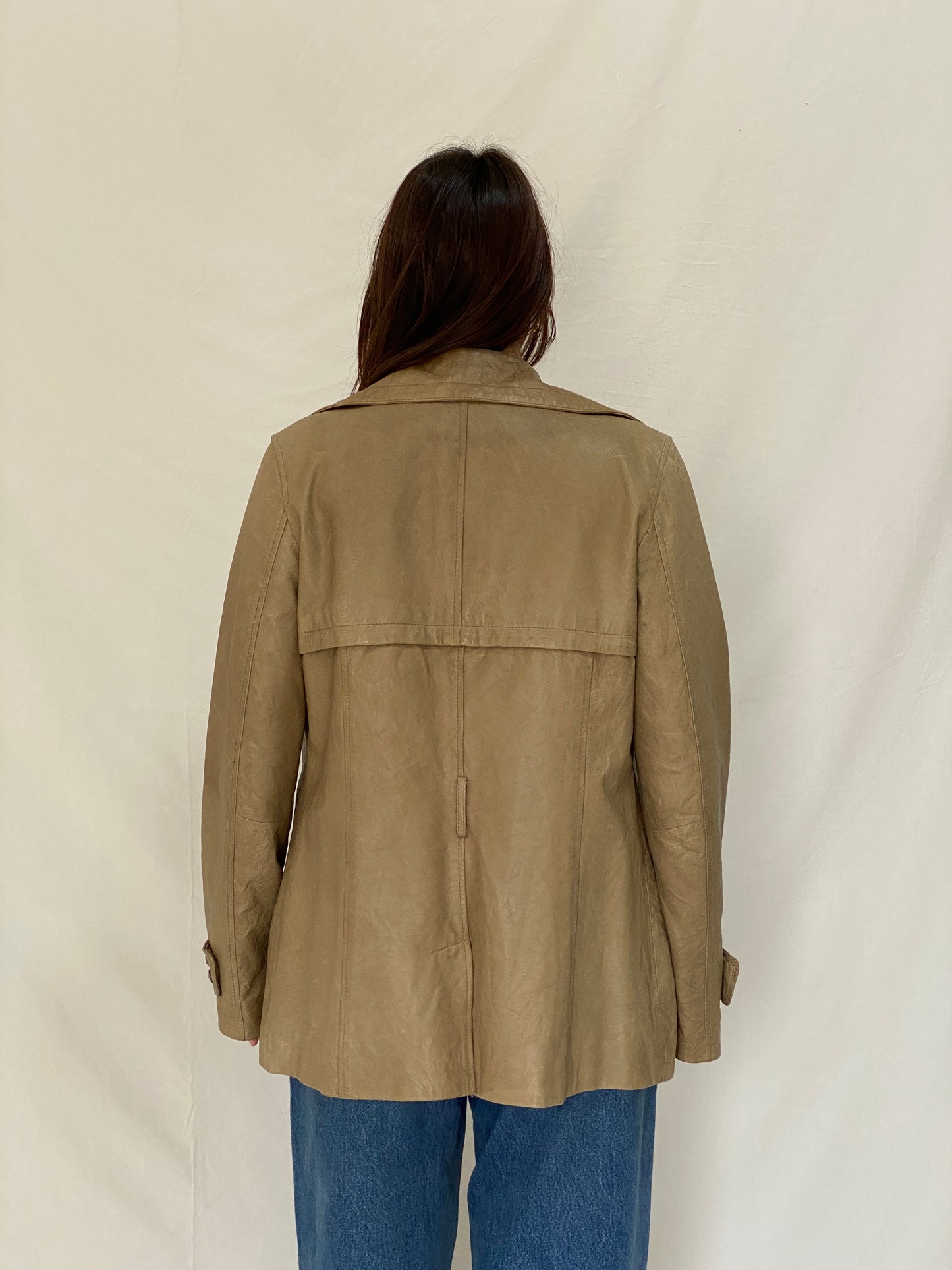 Vintage Plural Genuine Leather Olive Green Trench Style Jacket - L