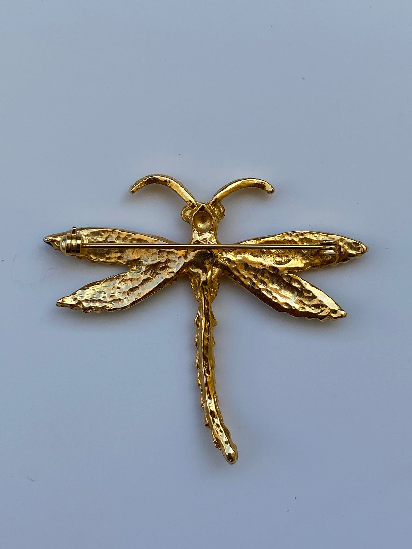 Vintage Gold Tone Enamel Dragonfly Brooch Blue & Green Winged Statement Pin