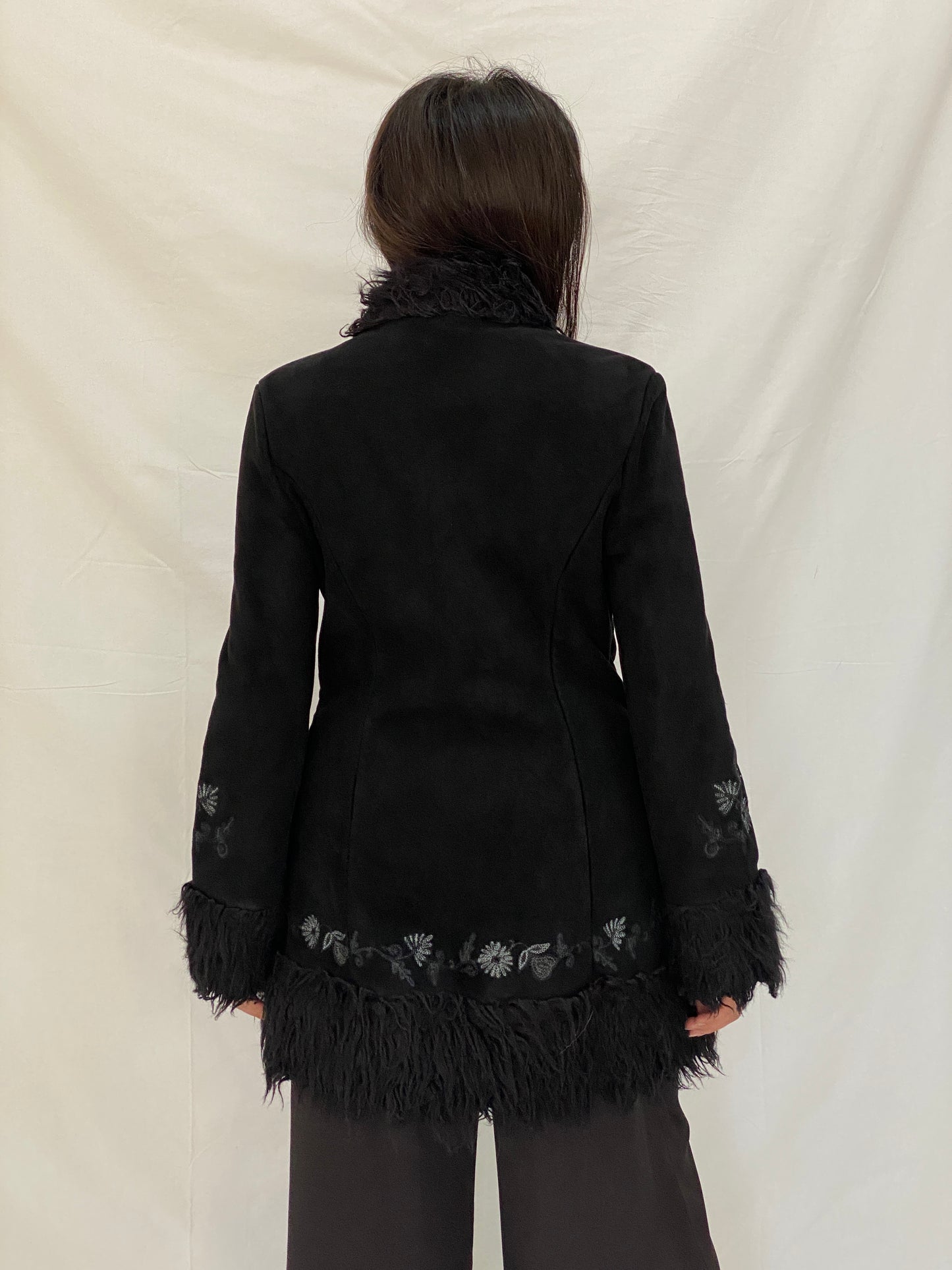 Vintage NEXT Black Embroidered Faux Suede Penny Lane Coat Y2K Boho Shaggy Trim Jacket - M