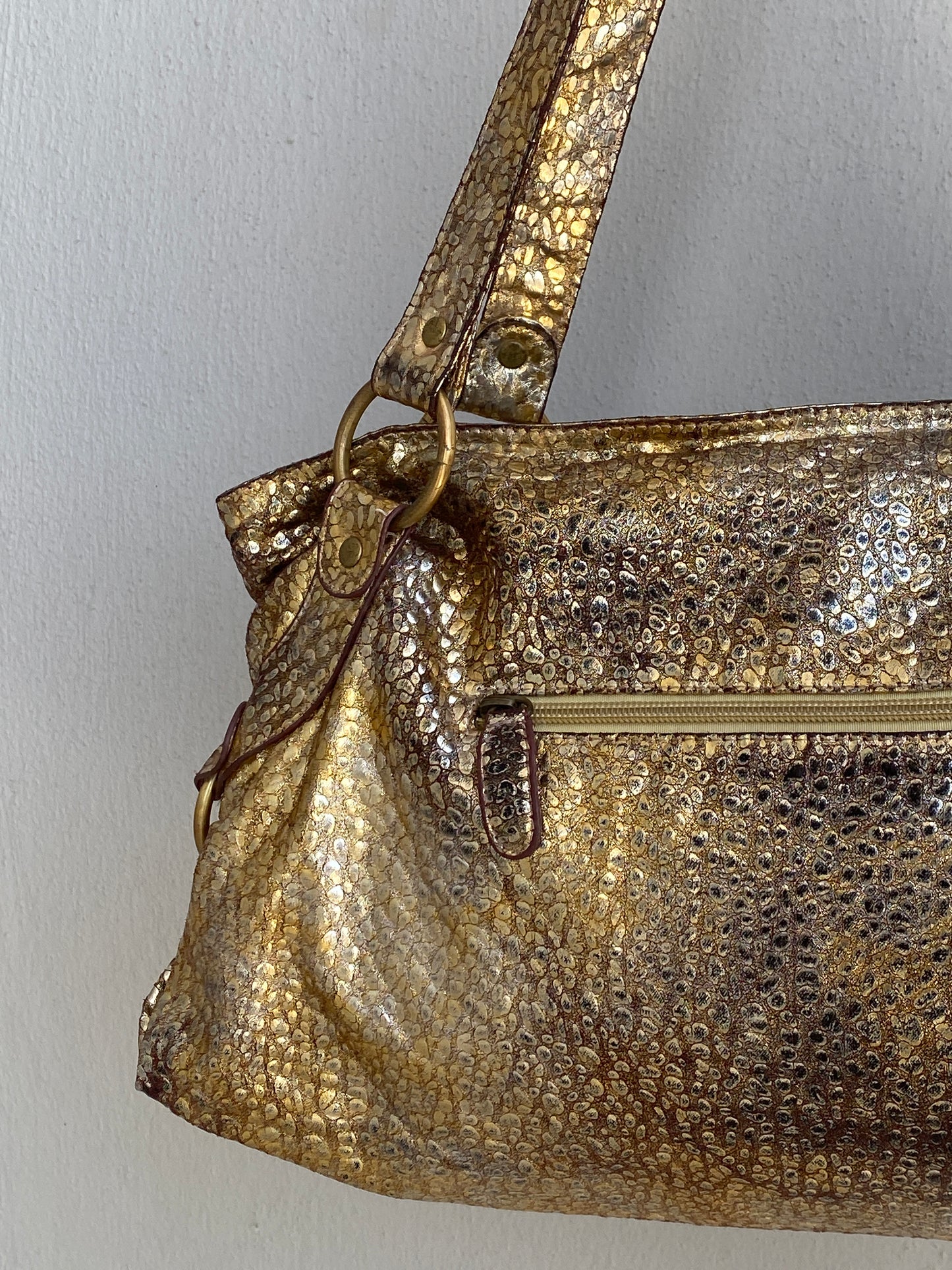 Vintage Y2K Metallic Gold Faux Snakeskin Shoulder Bag