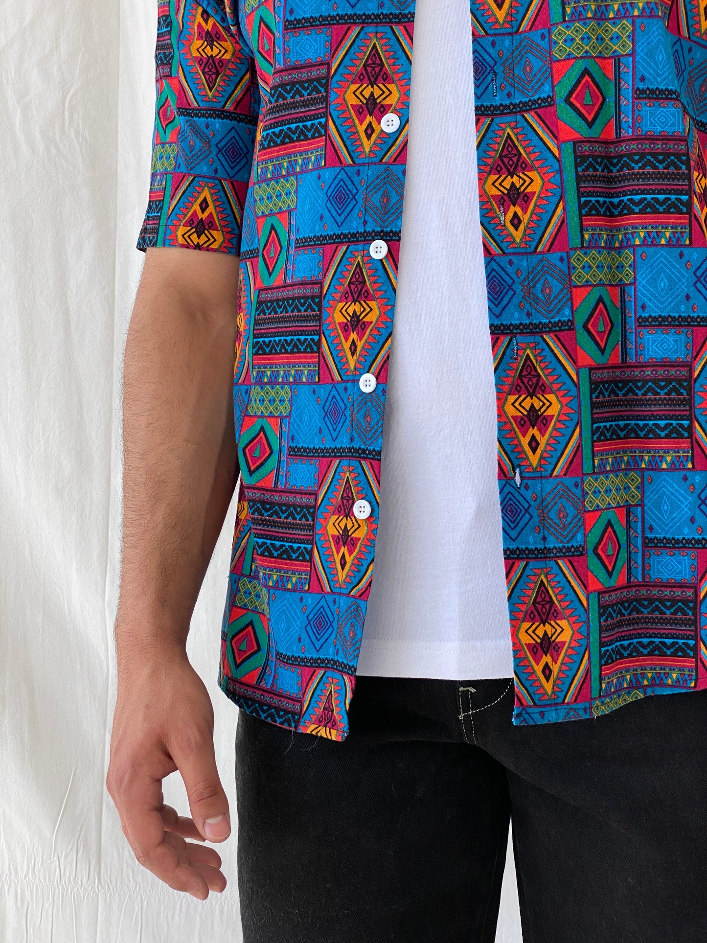 Vintage Aztec Tribal Blue Multi-Color Men’s Short Sleeve Shirt - L