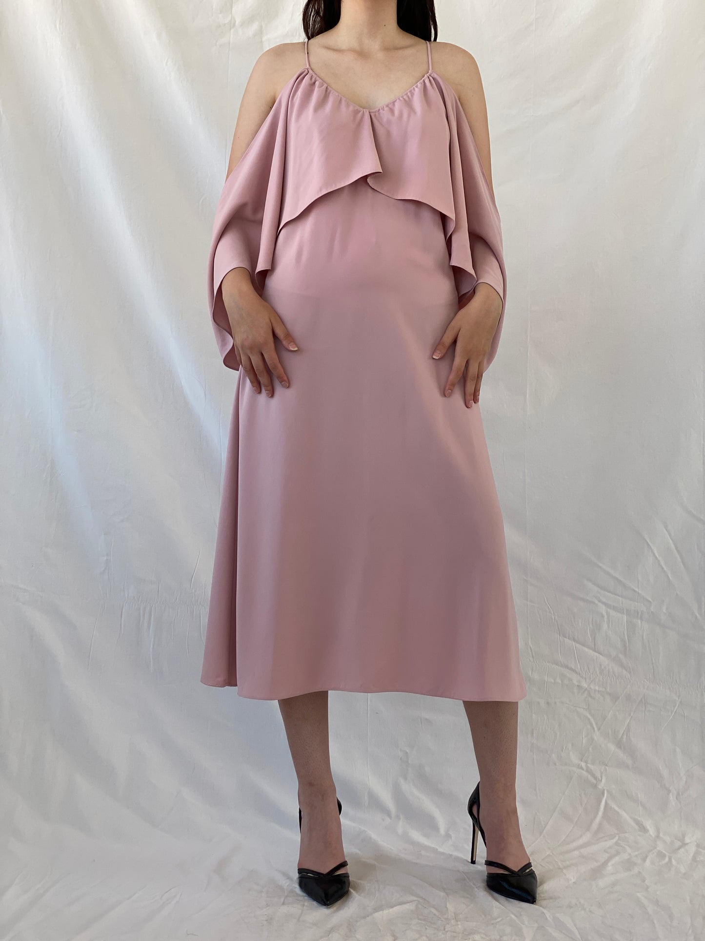 Jovonna London Blush Pink Cold Shoulder Midi Wedding Guest Dress - S