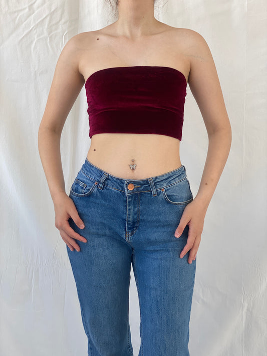 توب Y2K Supré Velvet Burgundy Crop Tube Bandeau Top - S