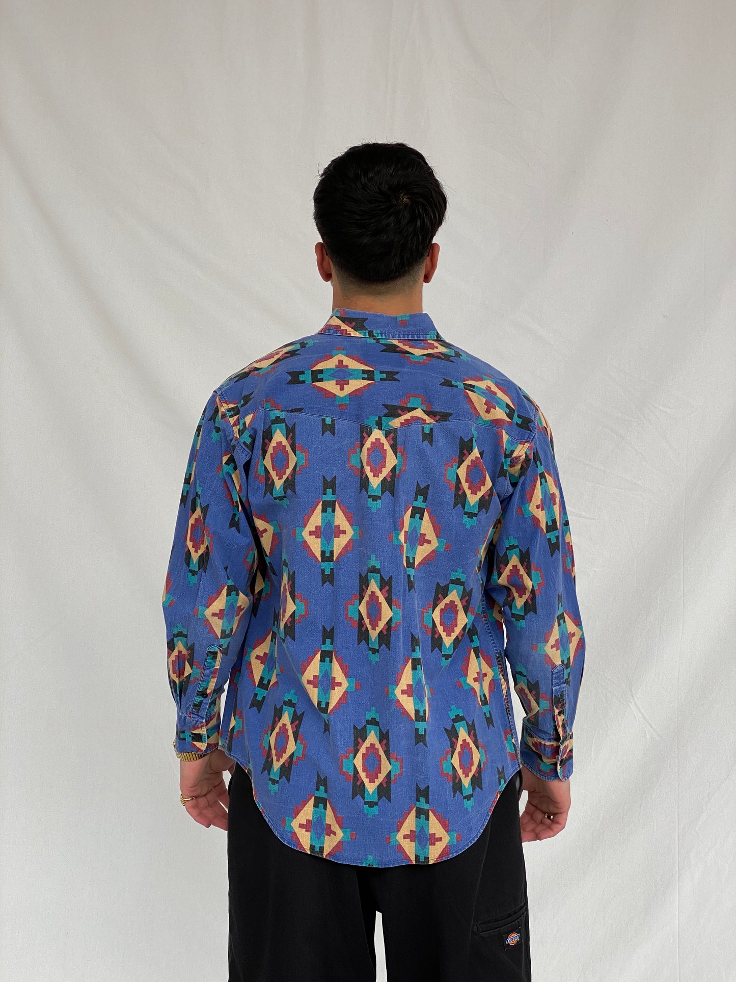Vintage 90s Club Dance Men’s Western Print Long Sleeve Button Up Cotton Shirt - M
