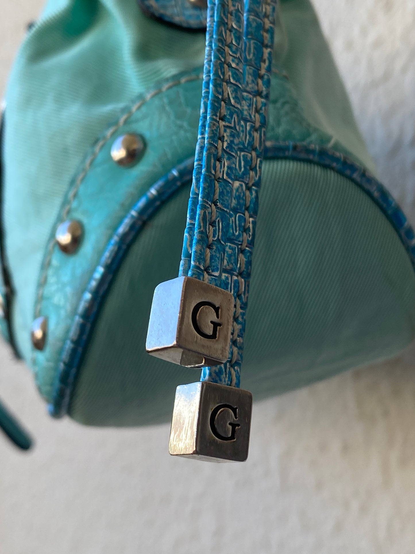Vintage Y2K Guess Turquoise Satchel Bag with Logo G Hardware & Studded Trim Purse