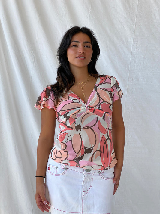 بلوزة بوستير شفافة مزينة بنقشة زهور وردية وبنية من نيويورك آند كومباني - مقاس صغير