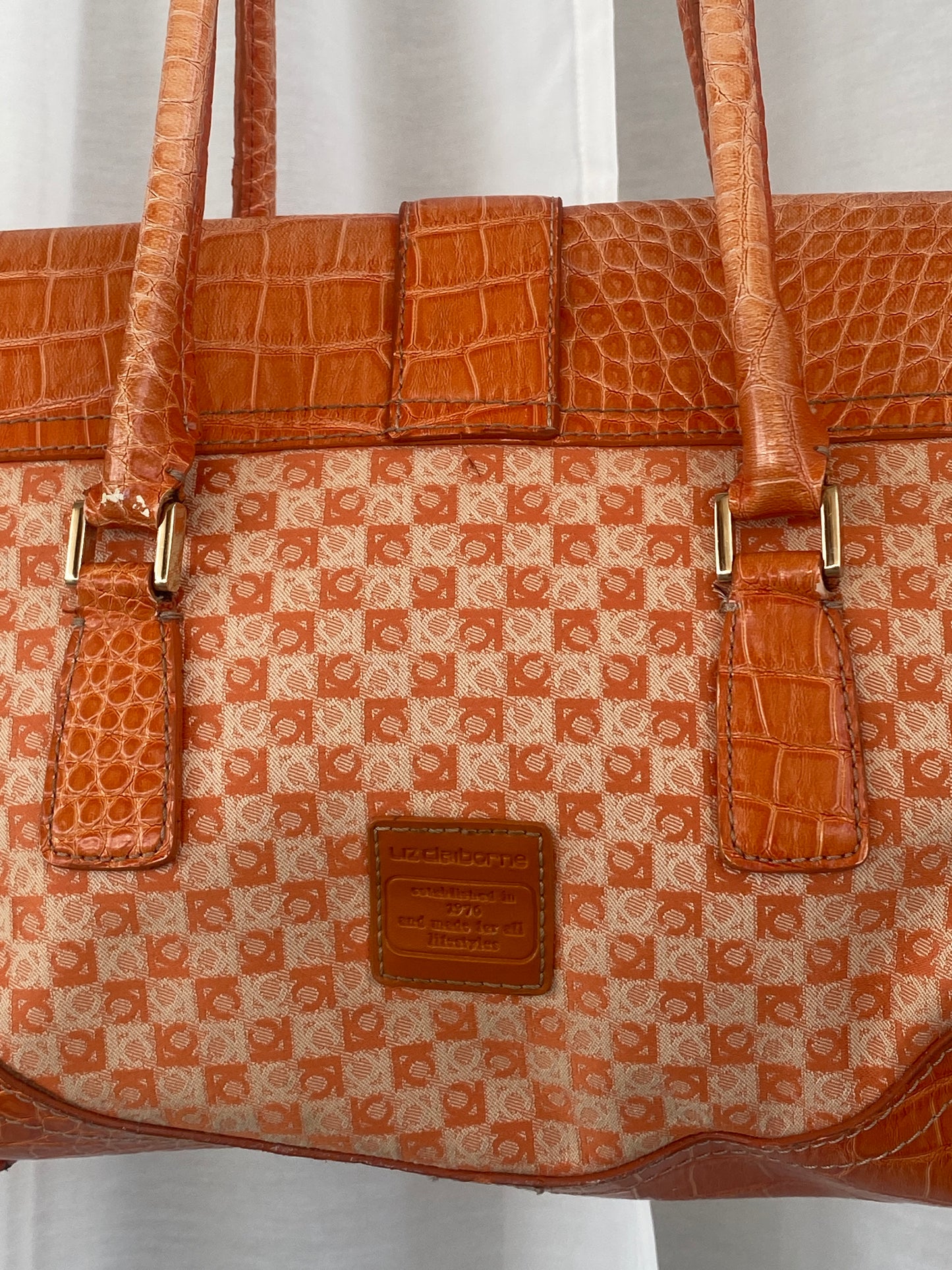 Liz Claiborne NYC Signature Fabric Orange Monogram with Faux Croc Leather Print Shoulder Bag