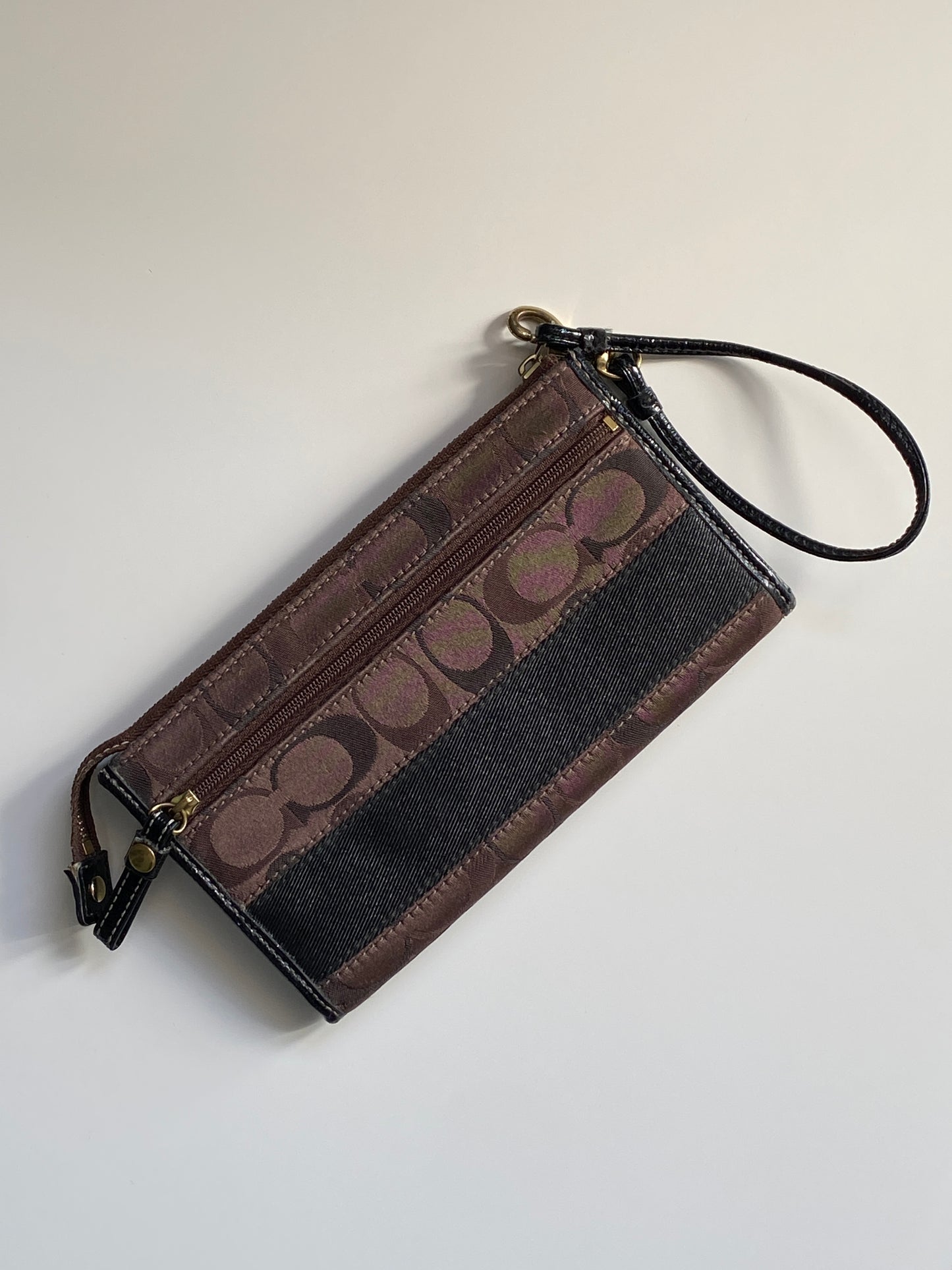Coach Signature Brown Canvas & Black Leather Trim Wristlet Wallet Classic Monogram Logo