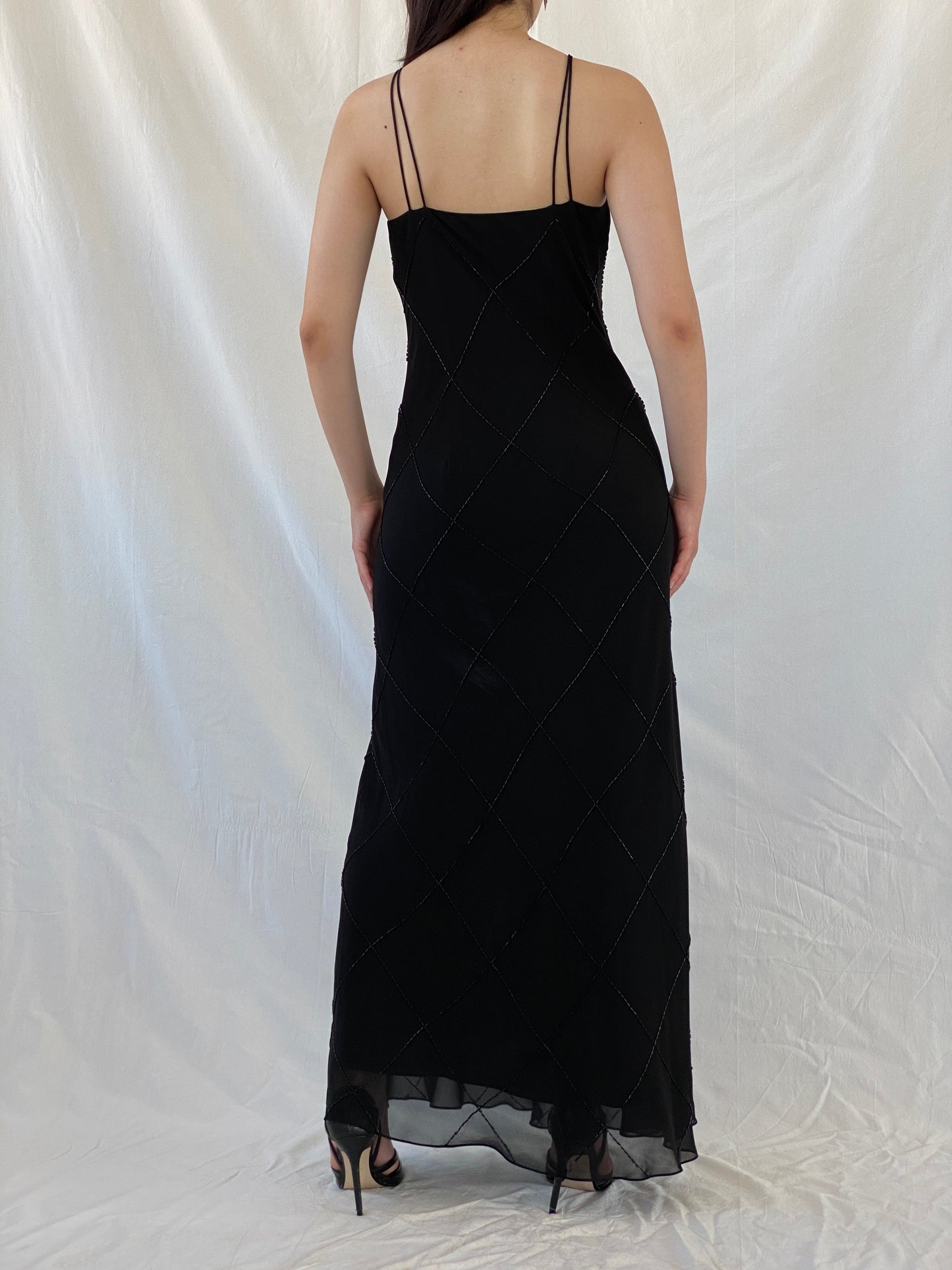 Vintage Jones New York Black Beaded Evening Gown 90s Formal Slip Dress - M