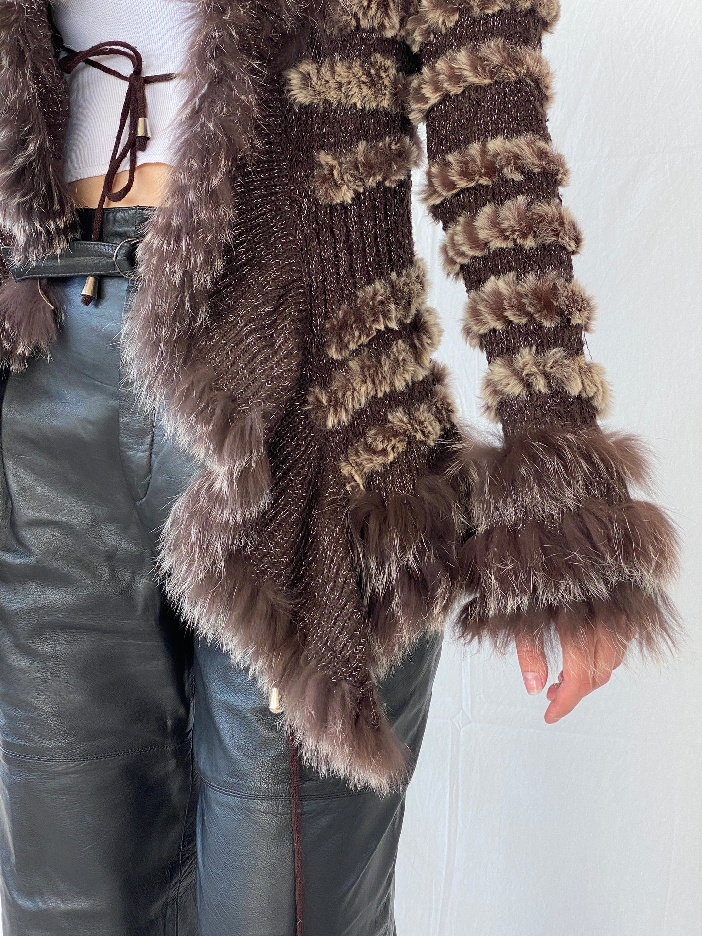 Vintage Knit Rabbit & Fox Fur Brown Cardigan Jacket - S