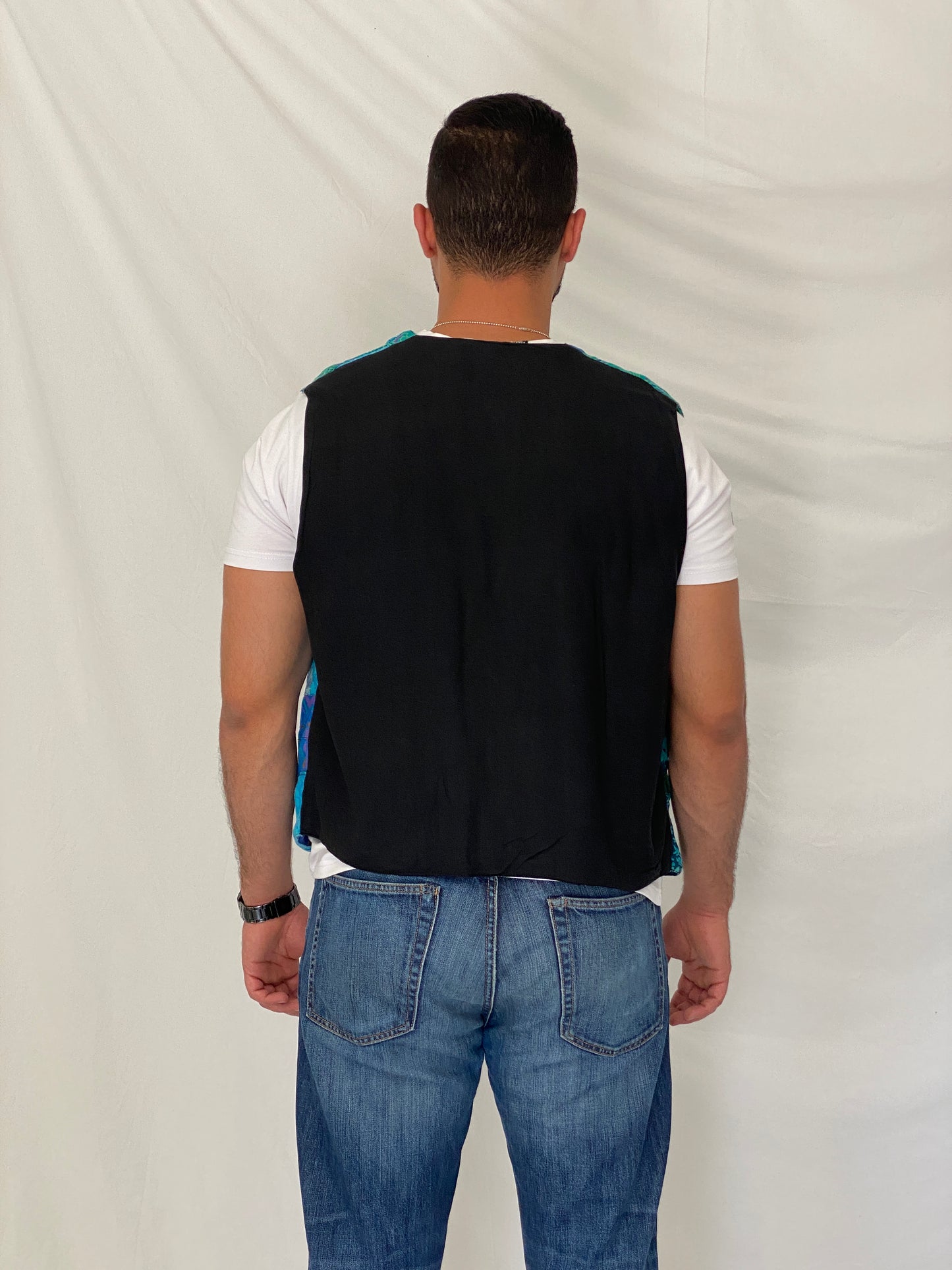 Vintage 90s Nativewear Designs Blue Green Patchwork Boho Festival Vest – XL