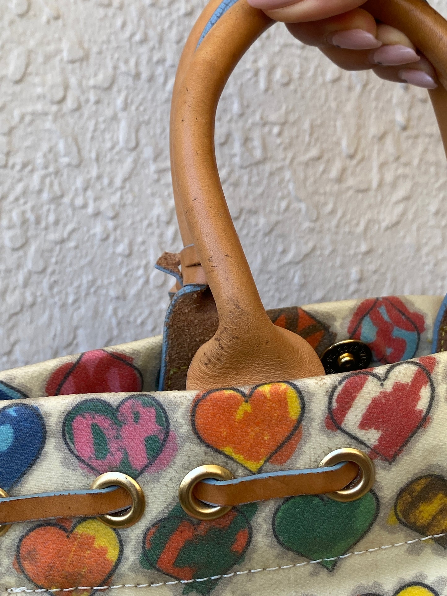 Vintage Dooney & Bourke Crayon Hearts Leather Tassel Satchel