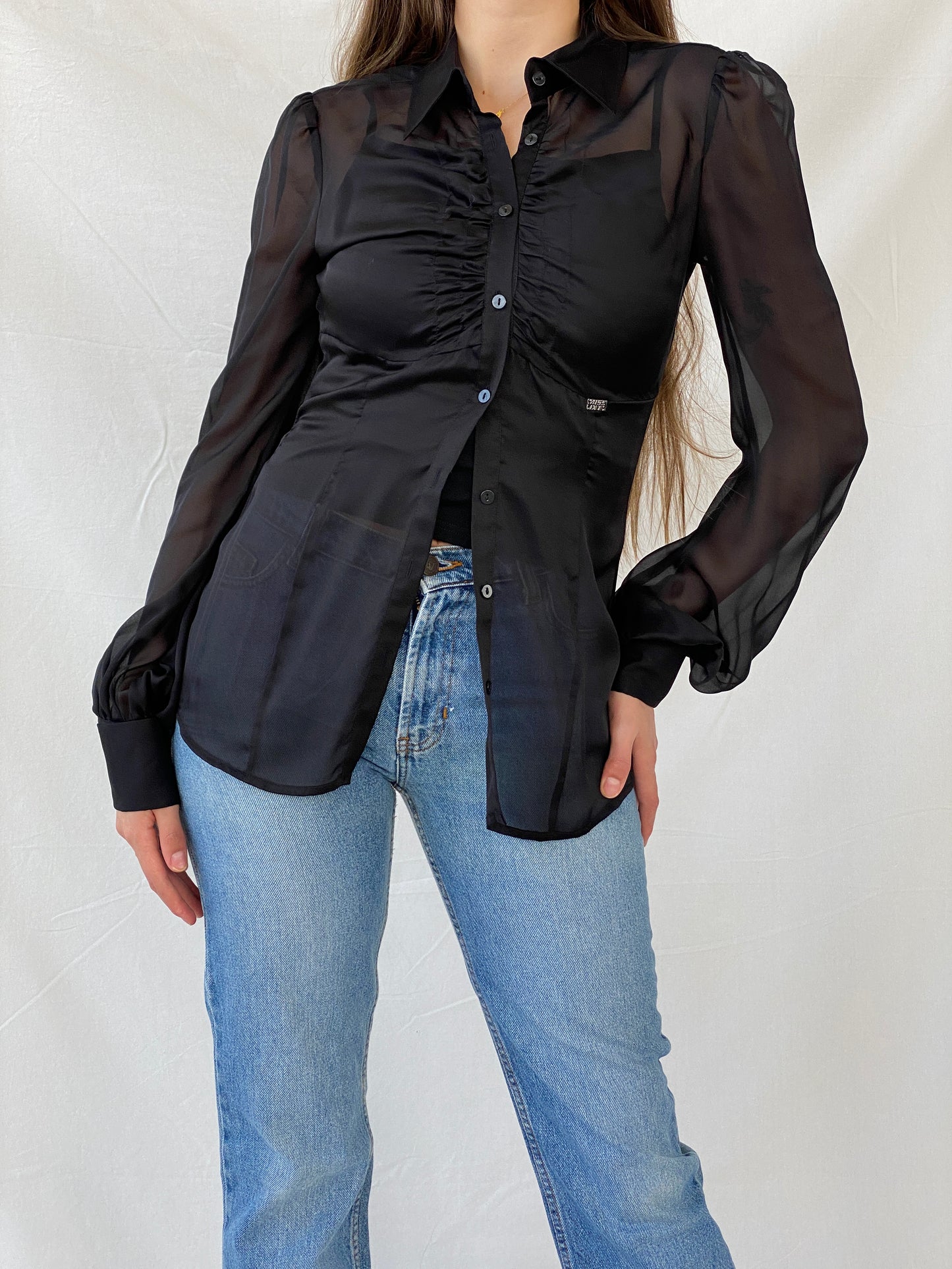 بلوزة Miss Sixty Diamond Sheer Black بأكمام مبالغ فيها - M