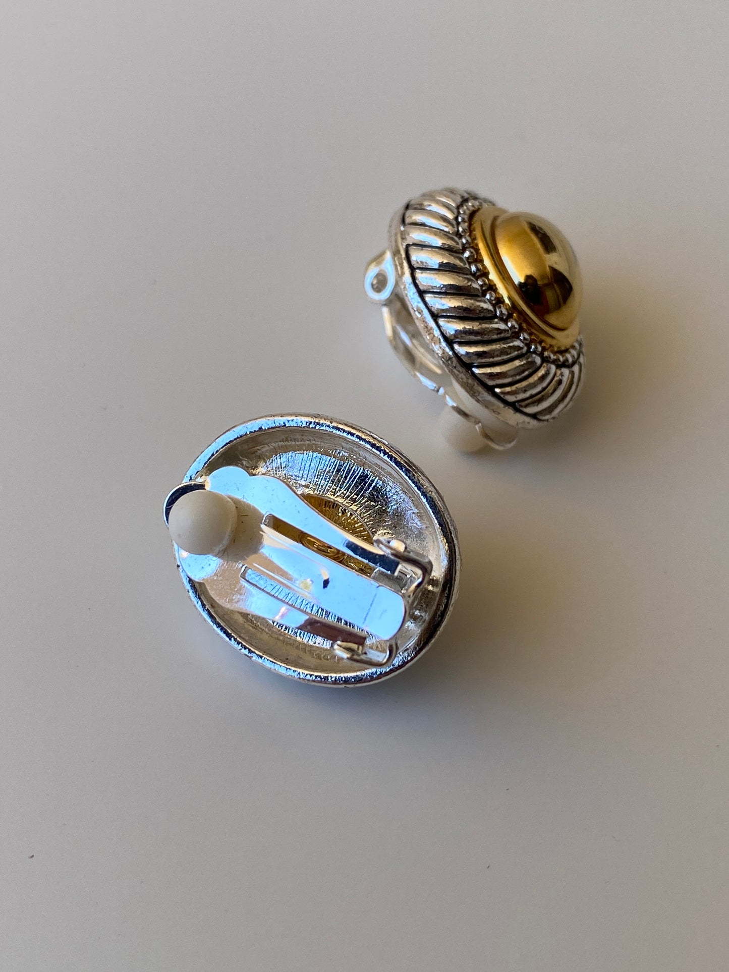 Vintage Two-Tone Oval Clip-On Earrings Gold & Silver Rope Texture Statement Studs
