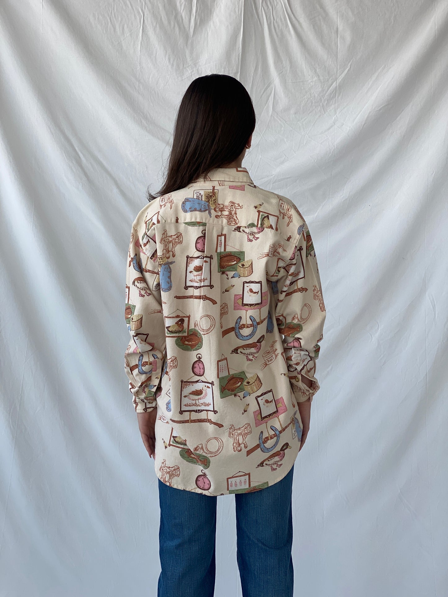 Vintage Cambridge Country Side Graphic Prints Beige Long Sleeve Button Up Cotton Shirt - M
