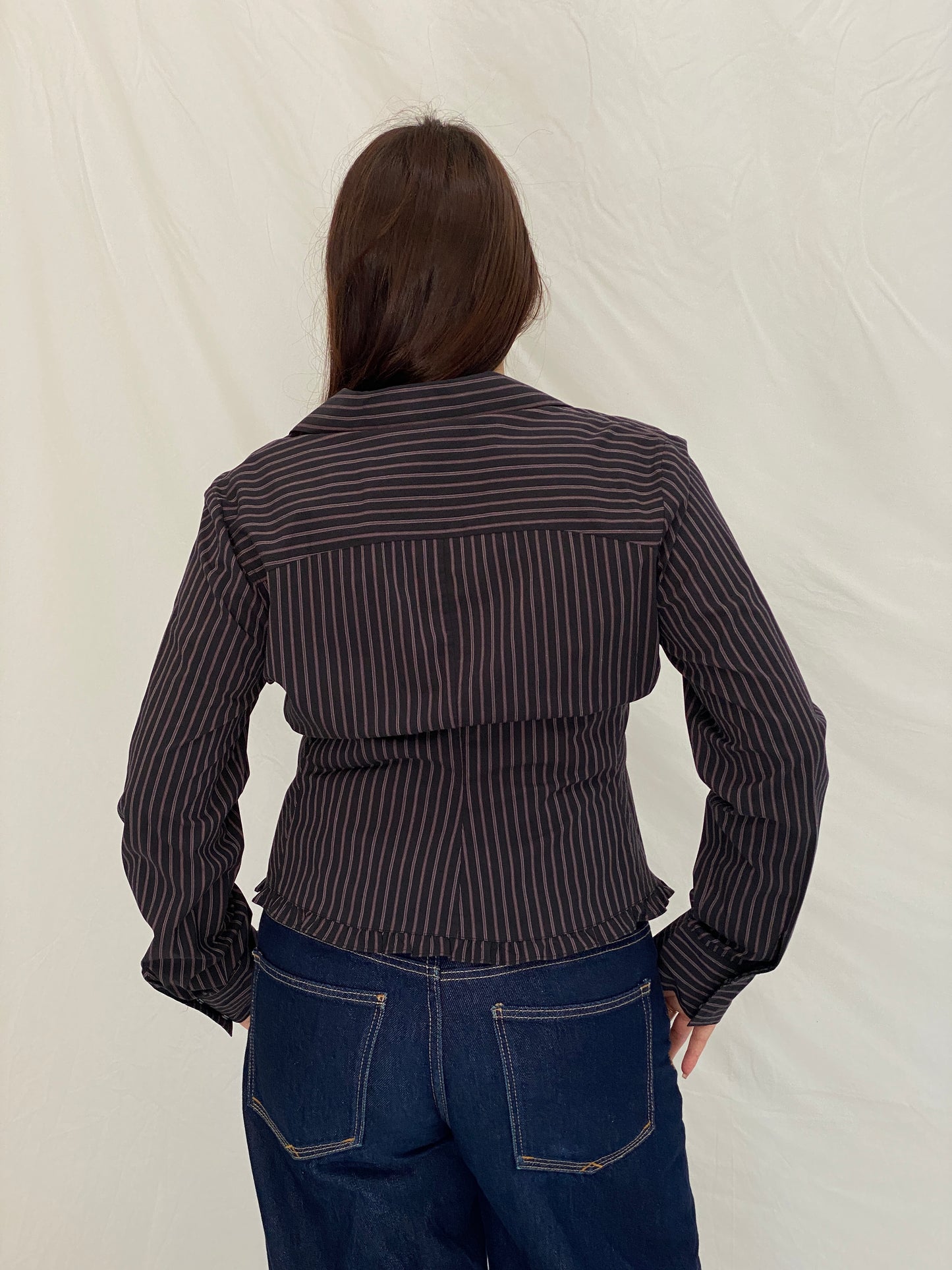 Vintage Y2K RW & Co. Black Pink Pinstripe Ruched Ruffle Zip-Up Blouse - XL
