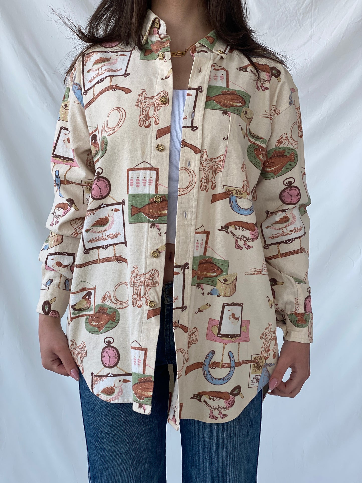 Vintage Cambridge Country Side Graphic Prints Beige Long Sleeve Button Up Cotton Shirt - M