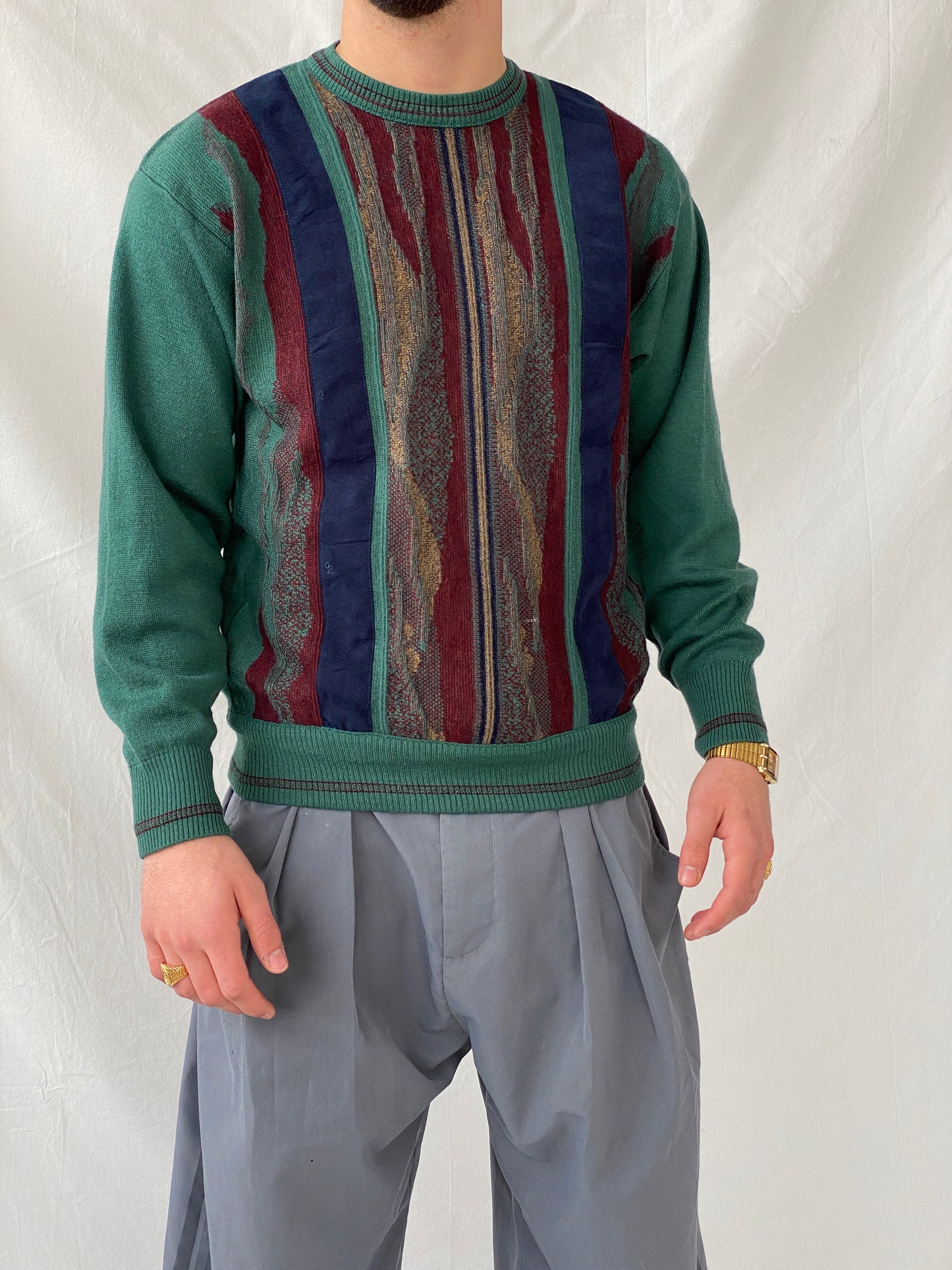Vintage Summerland Men’s Green 3D Stripe Pattern Coogi-Style Crew Neck Knitted Sweater - M