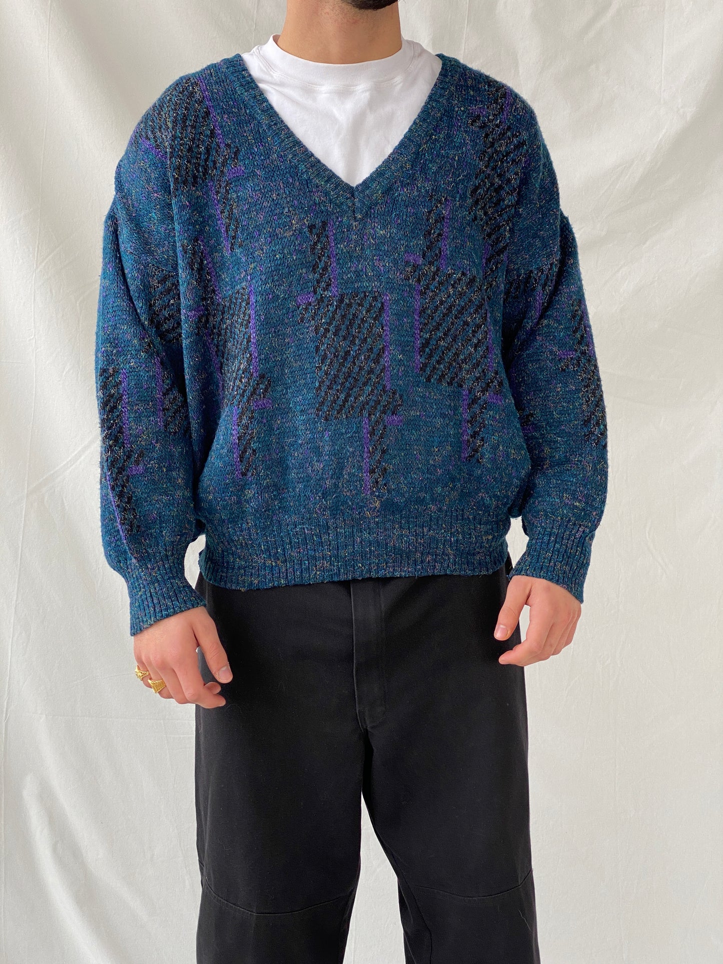 Vintage Retro 90s Angelo Litrico Blue Wool Blend V-Neck Sweater Pullover - XL