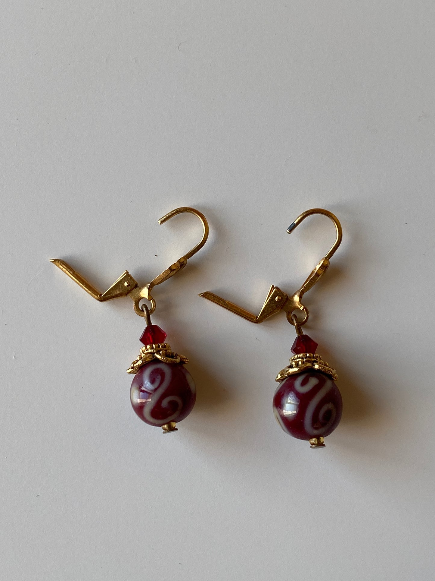 Vintage Burgundy Glass Bead Drop Earrings with Gold Tone Accents