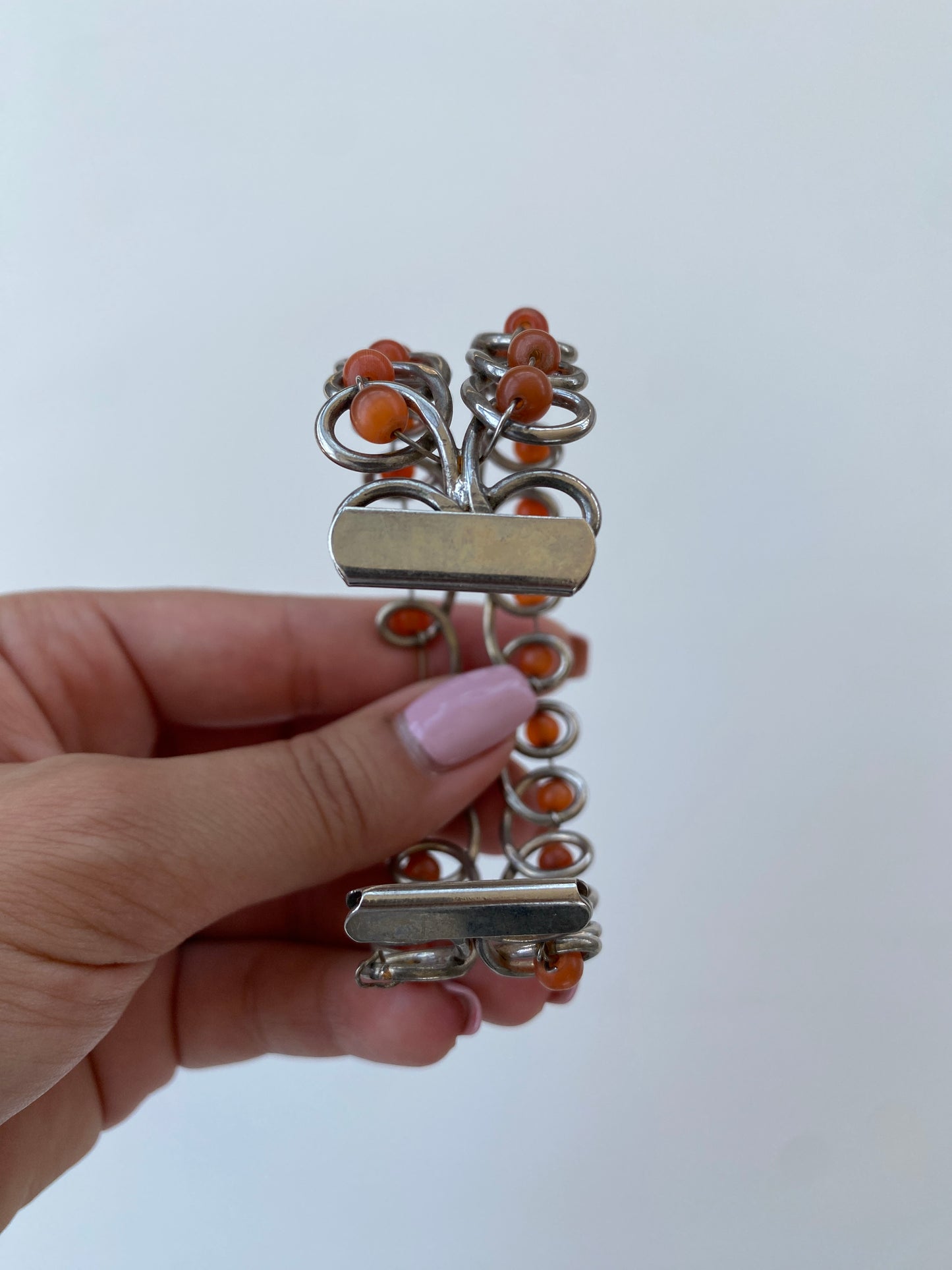 Vintage Wire Wrapped Bracelet with Orange Glass Beads – Retro Boho Jewelry