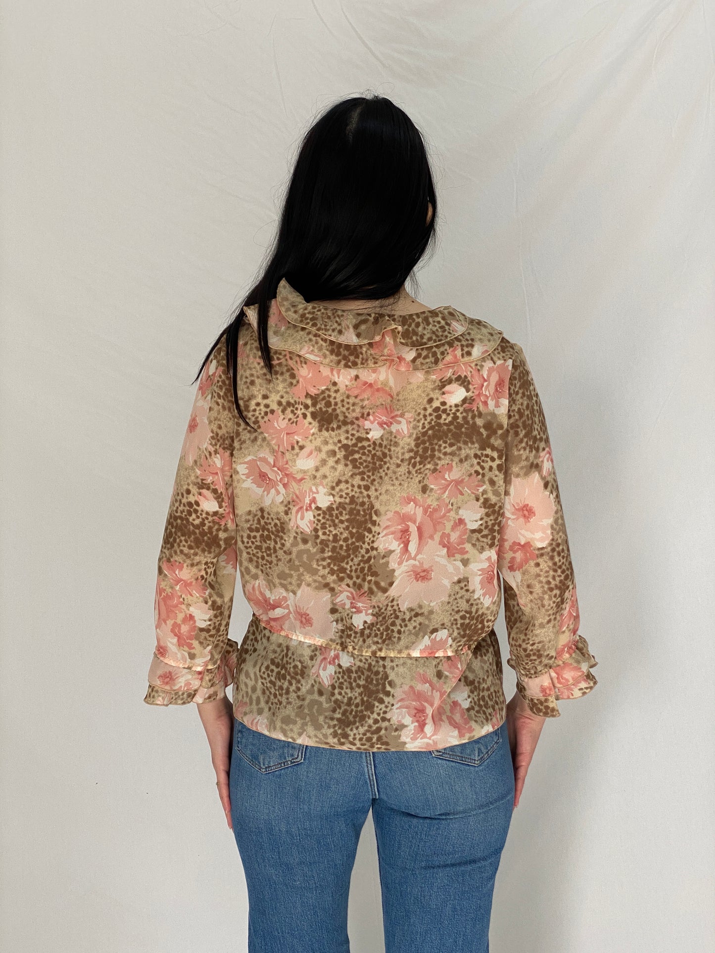 Vintage Y2K La Cara Mode Vögele Pink Brown Floral & Leopard Print Ruffle Front Tie Blouse - XL