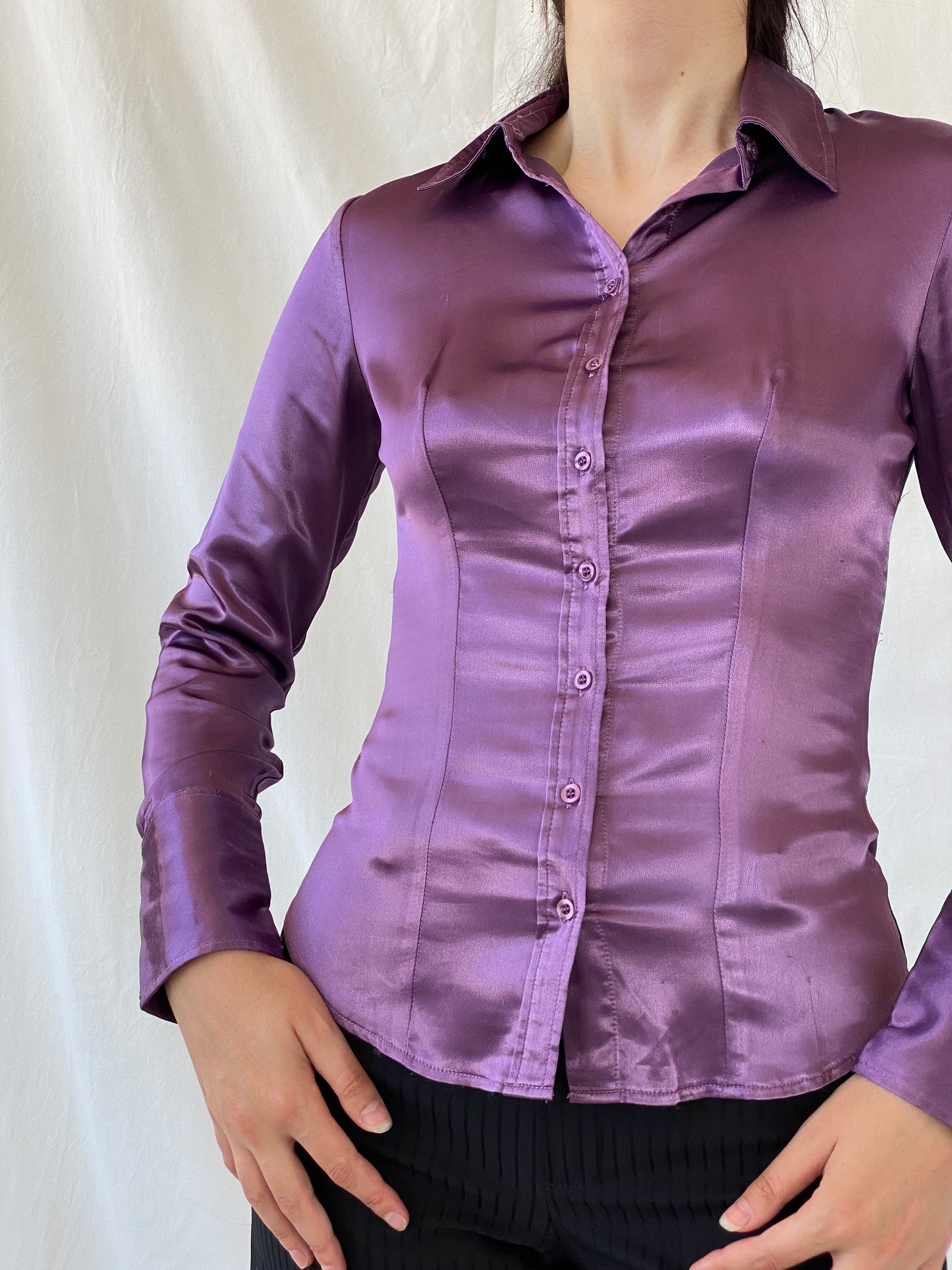 Y2K Camaîeu Purple Satin Long Sleeve Women’s Shirt - S