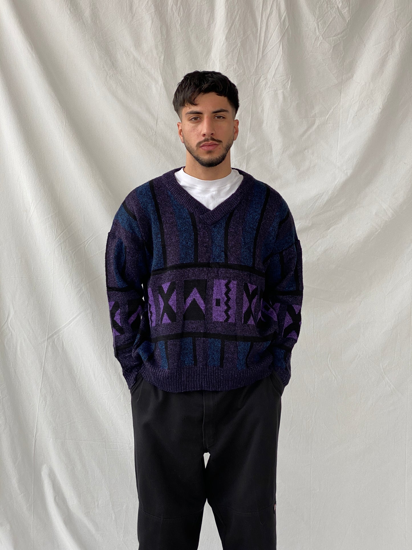 Vintage 80s Pegasus Purple Blue V-Neck Wool Blend Geometric Print Sweater - M