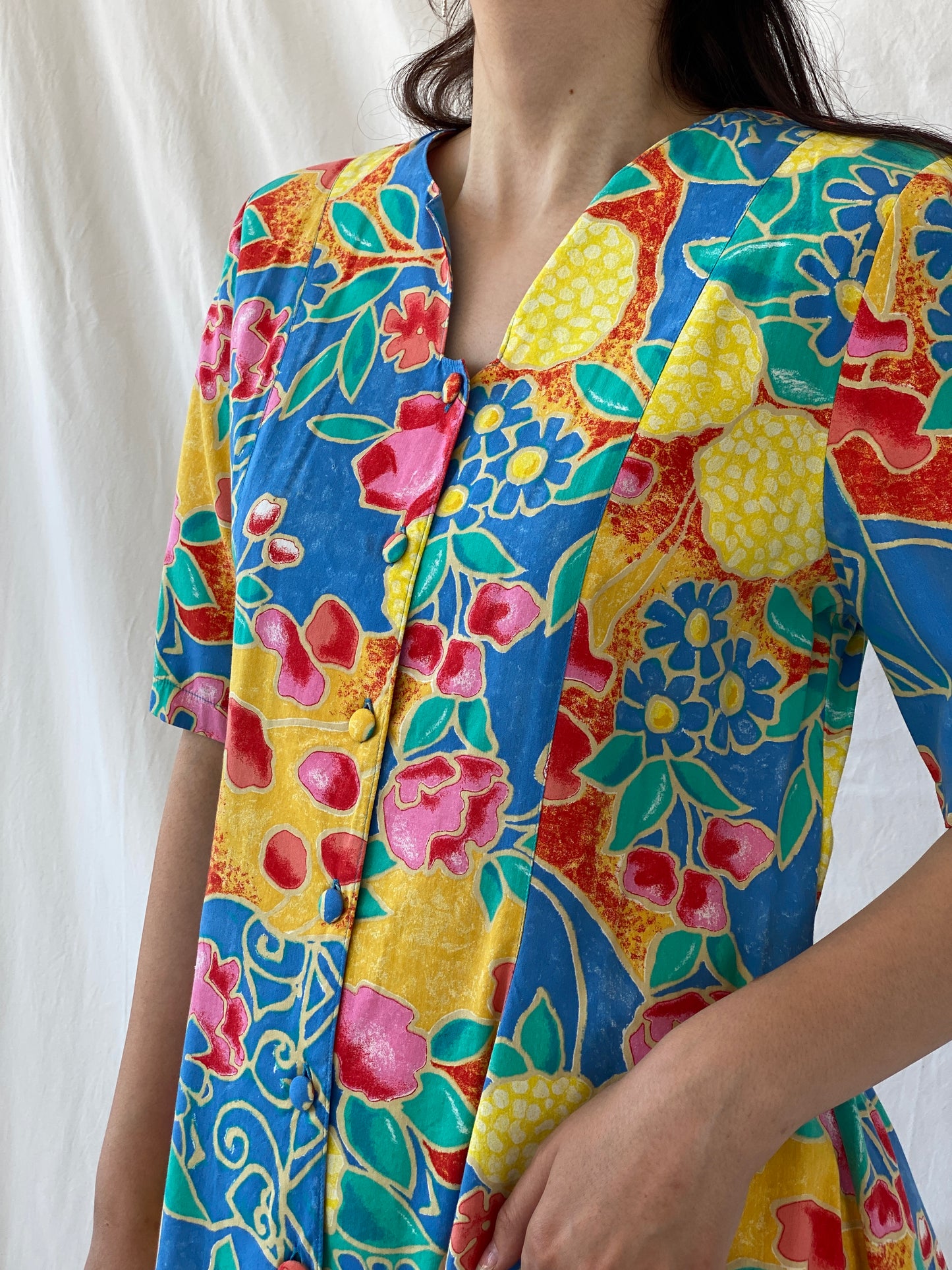 Statement Vintage Bella Donna Yellow Blue Colorful Floral Short Sleeve Women’s Shirt - L