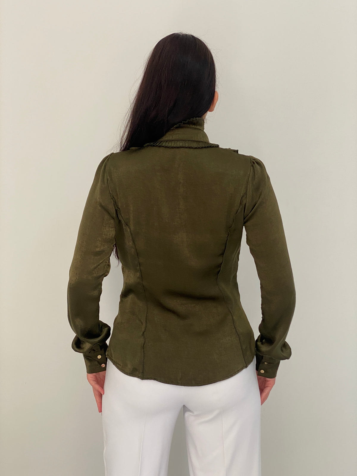 Goldie Estelle Olive Green Long Sleeve Shirt Ruffle Bow Blouse – M