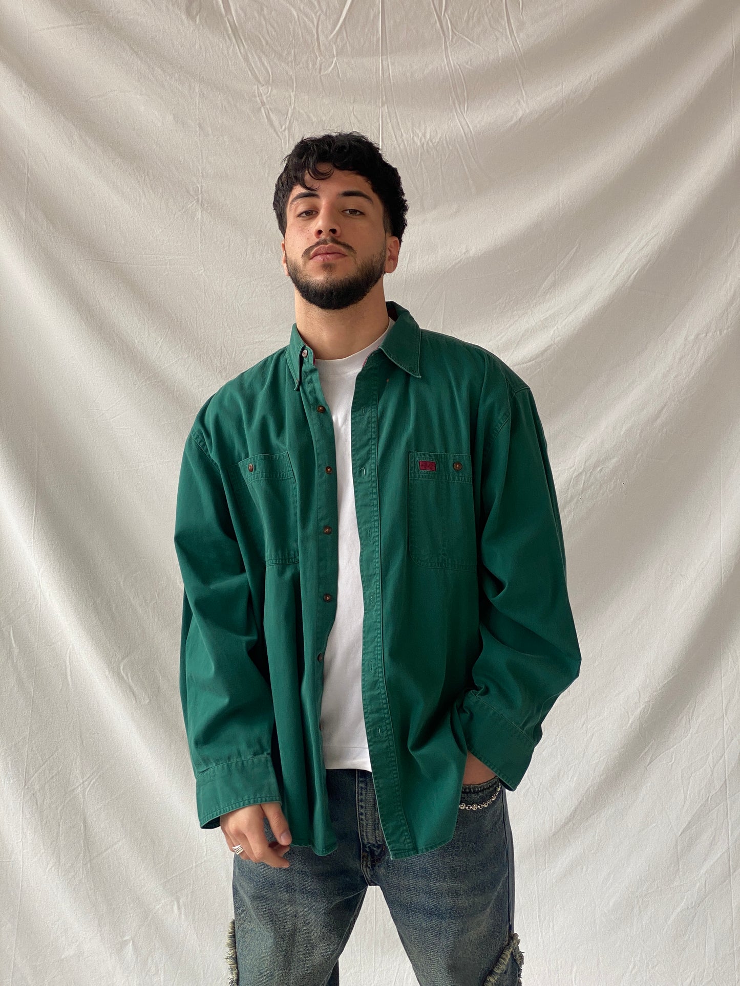 Vintage 90s Great Land Apparel Men’s Green Cotton Long Sleeve Shirt - XL
