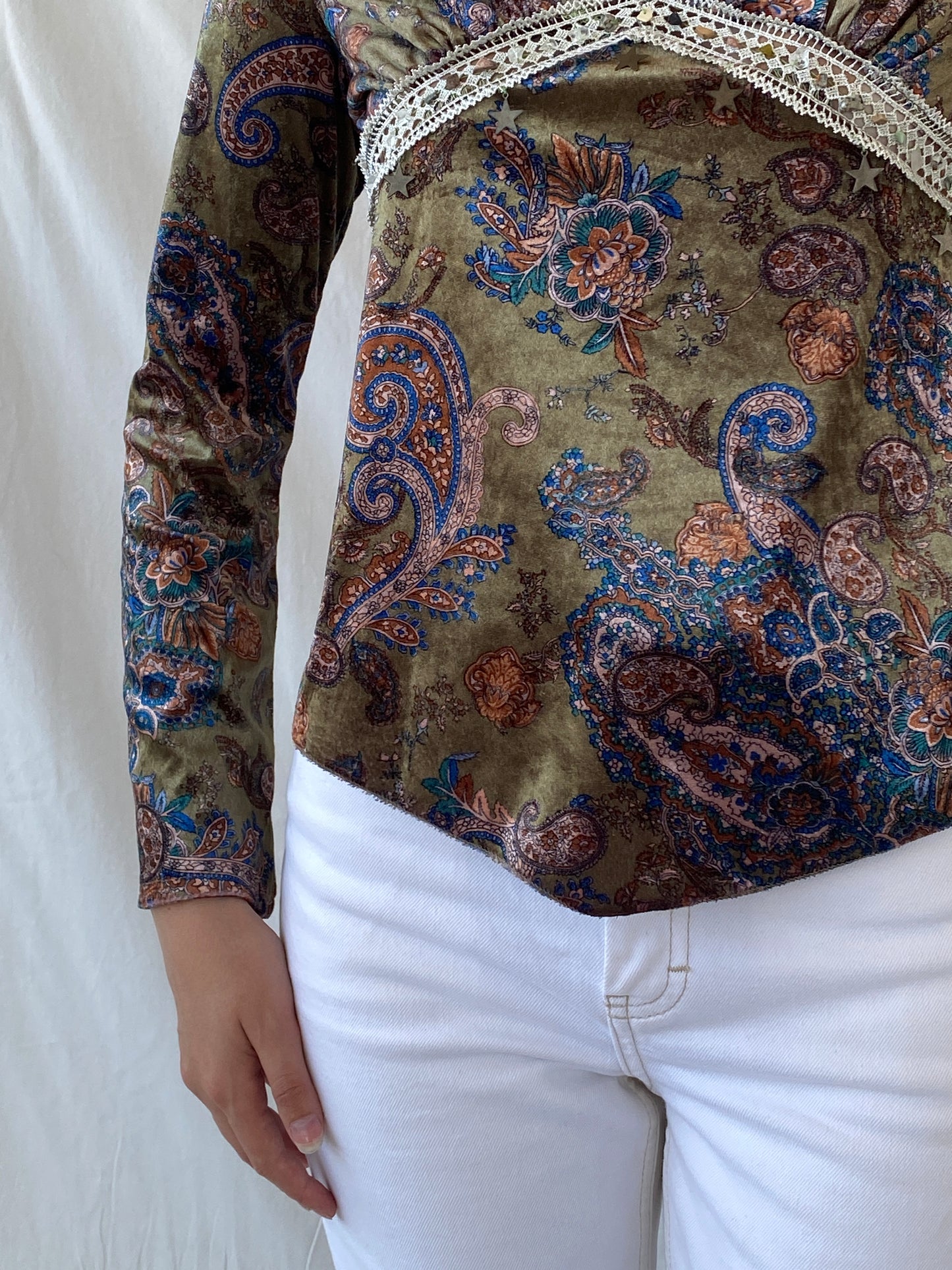 Vintage KLIMAN Collection Green Velvet Paisley Print Beaded Boho Long Sleeve Women’s Top - L