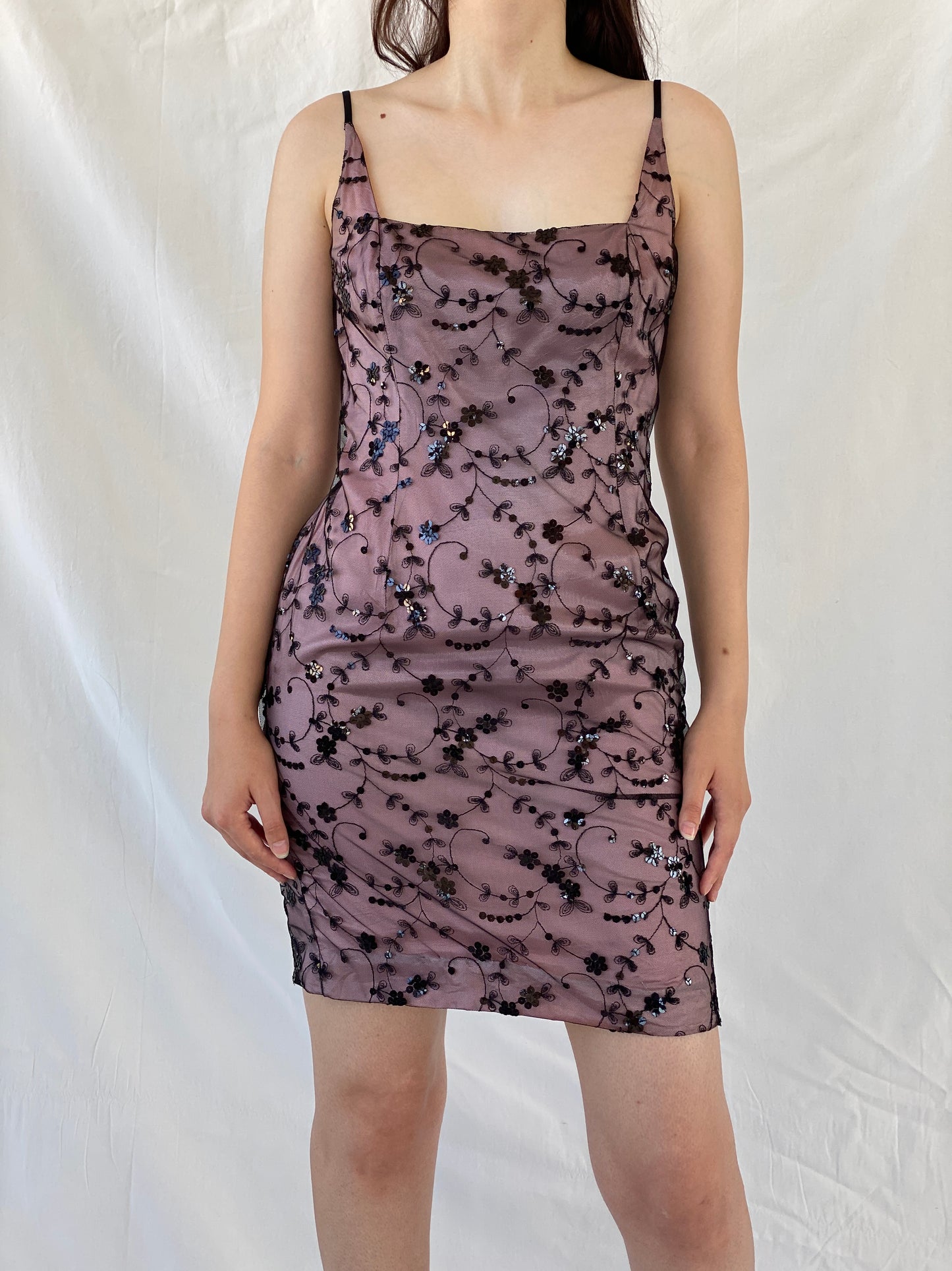 Vintage Jones New York Sequined Floral Pink Black Mesh Bodycon Short Dress - M