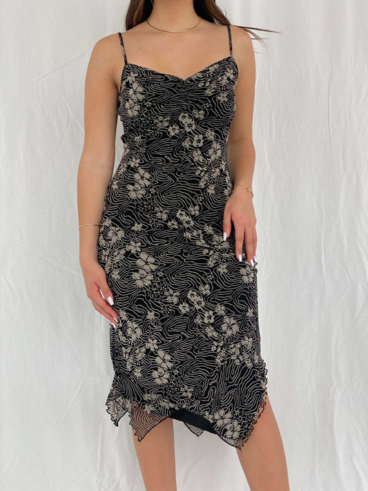 Y2K Mexx Fitted Mesh Floral Midi Dress - Size S - Balagan Vintage Midi Dress 00s, 00s dress, floral, floral dress, floral print, midi dress, NEW IN, Rama