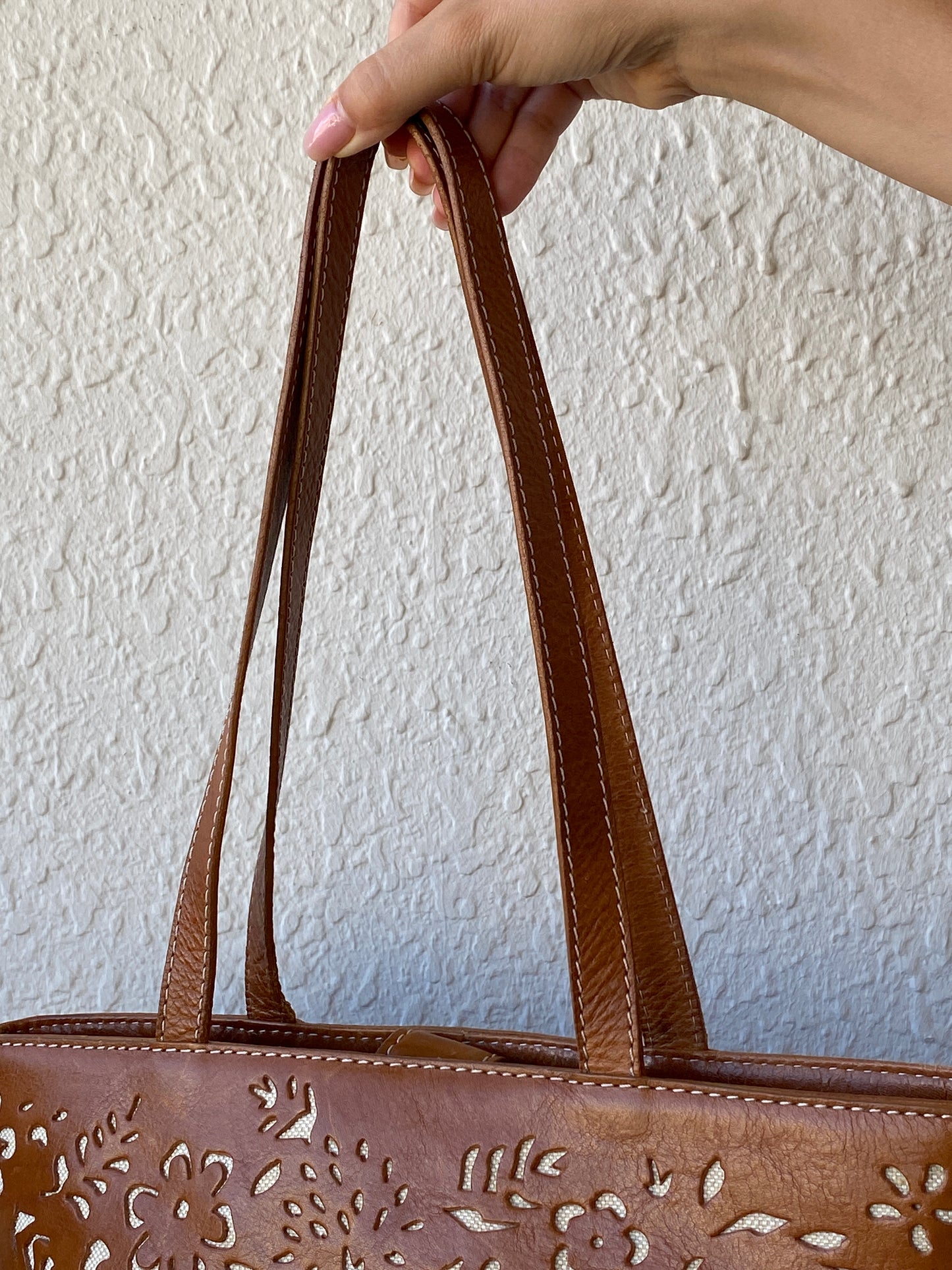 Genuine Leather Floral Perforated Design Shoulder Tote Bag