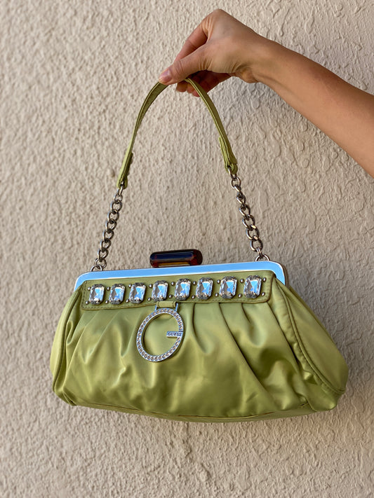 حقيبة كتف Guess باللون الأخضر الليموني المزين بالكريستال Y2K