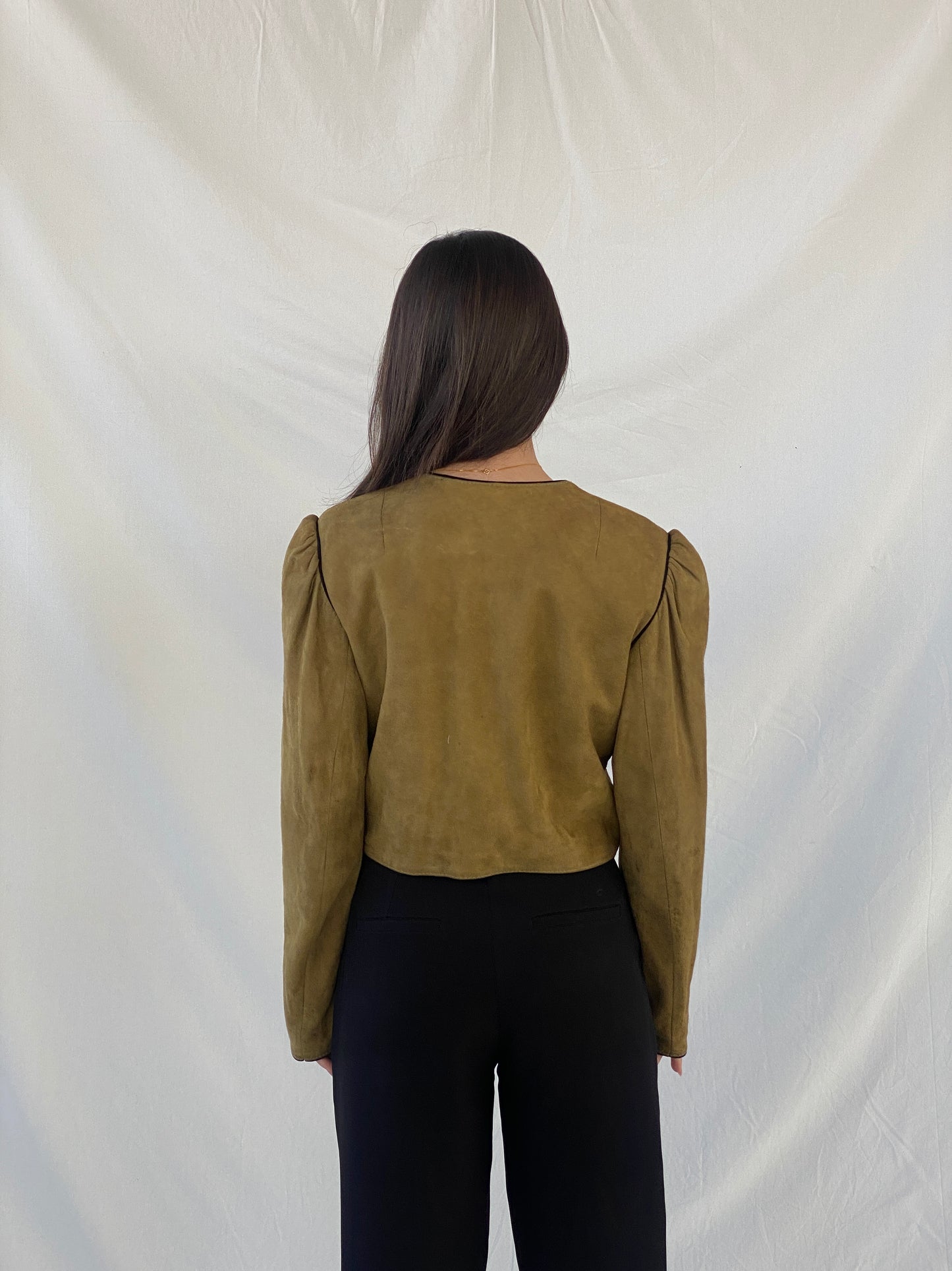 Vintage Olive Green Suede Trachten Buttoned Blazer Jacket - M